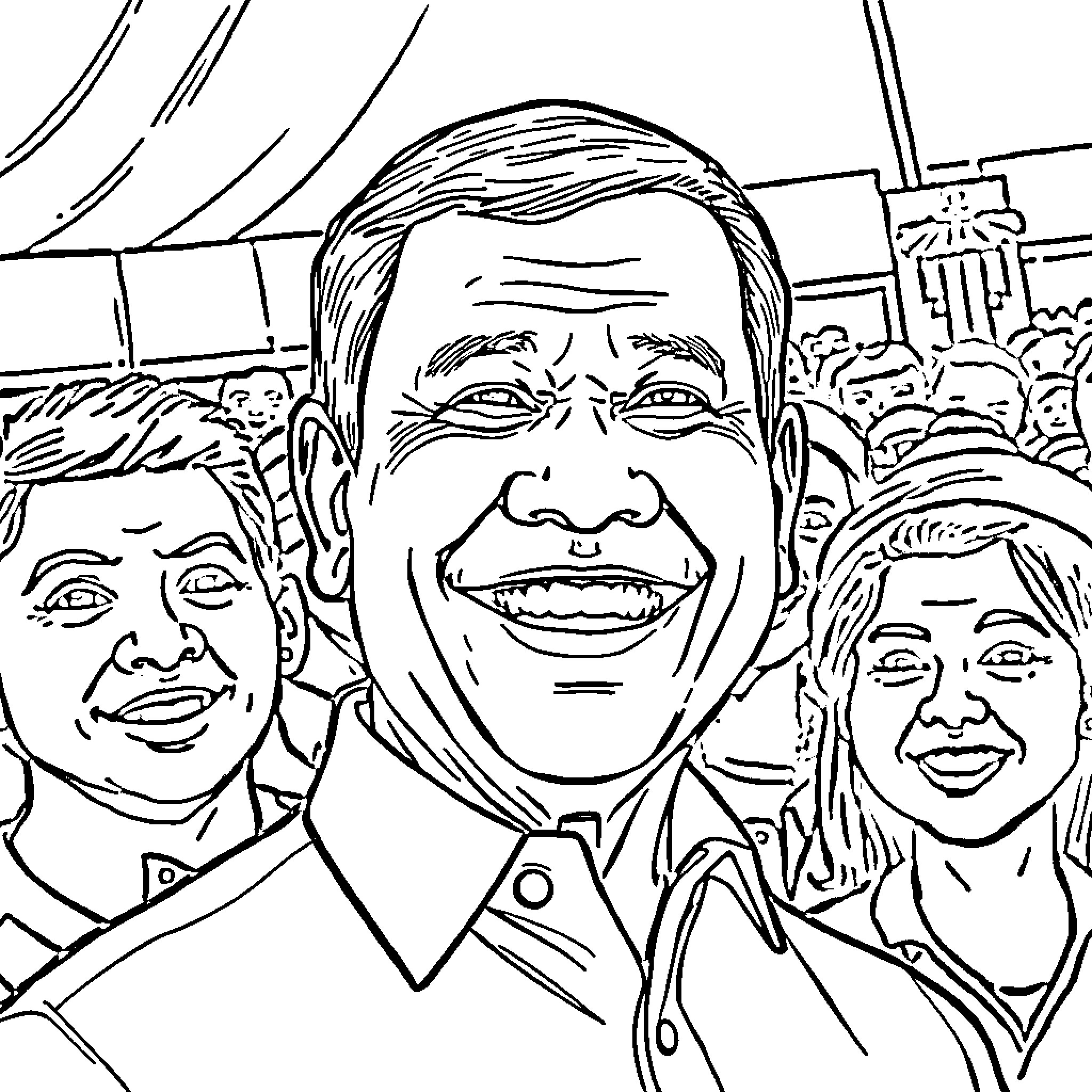 Rodrigo Duterte Smiling with Supporters at Public Rally Coloring Page (free black-and-white line drawing printable PDF for all, from beginners to advanced learners, including children, teens, adults, and seniors)