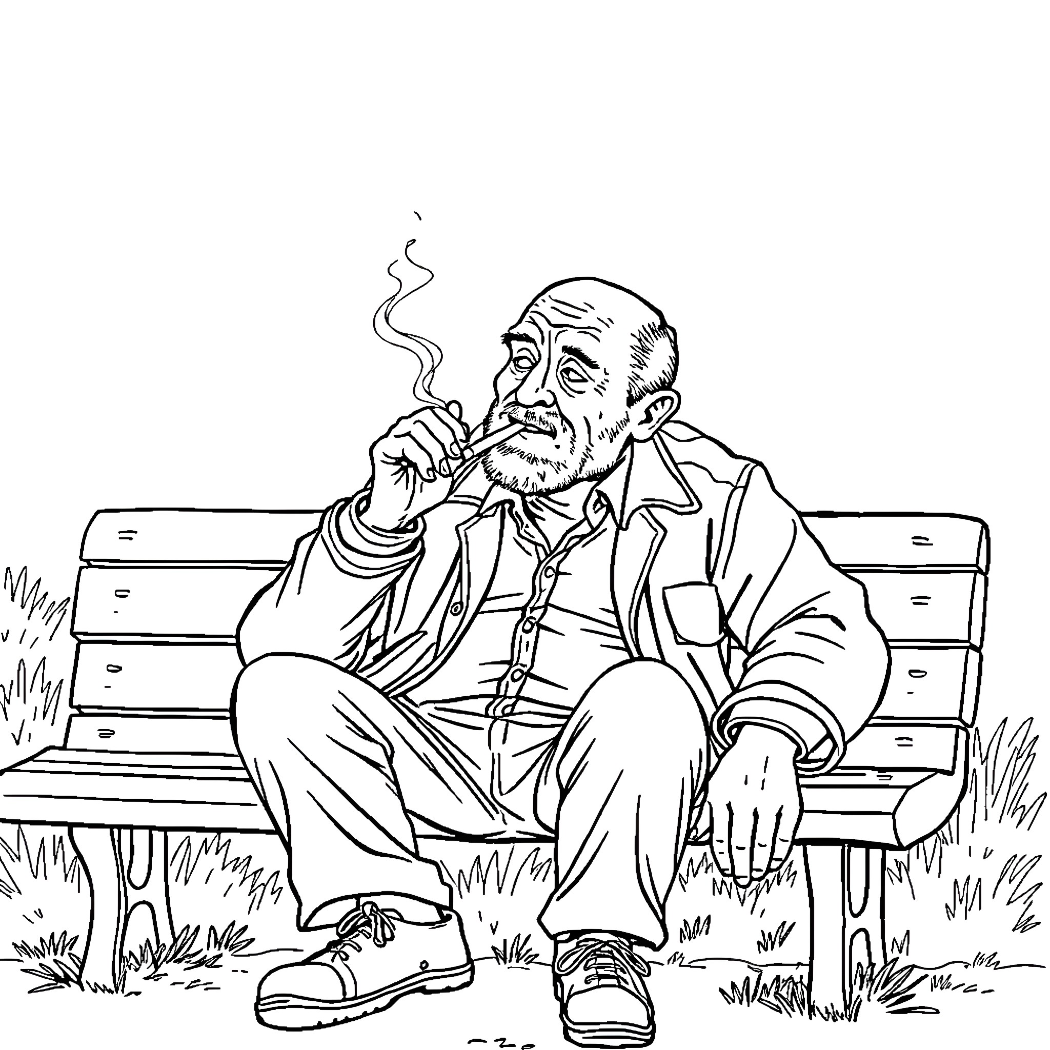 Man sitting on bench smoking a pipe Coloring Page (free black-and-white line drawing printable PDF for all, from beginners to advanced learners, including children, teens, adults, and seniors)