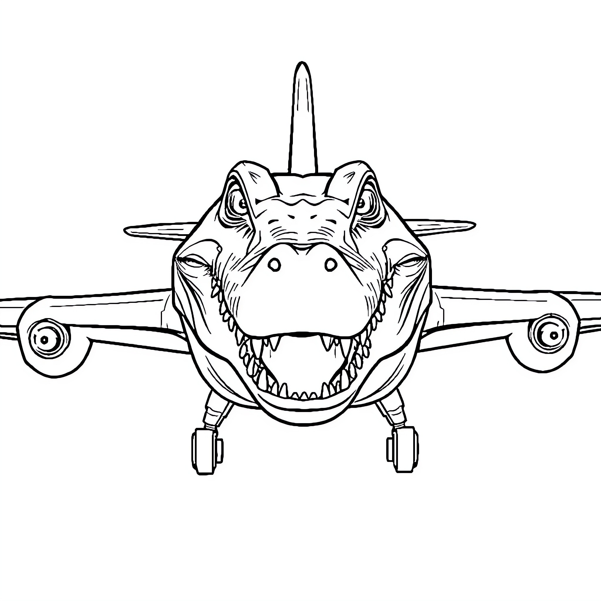Airplane with a Fierce Dinosaur Design Coloring Page (free black-and-white line drawing printable PDF for all, from beginners to advanced learners, including children, teens, adults, and seniors)