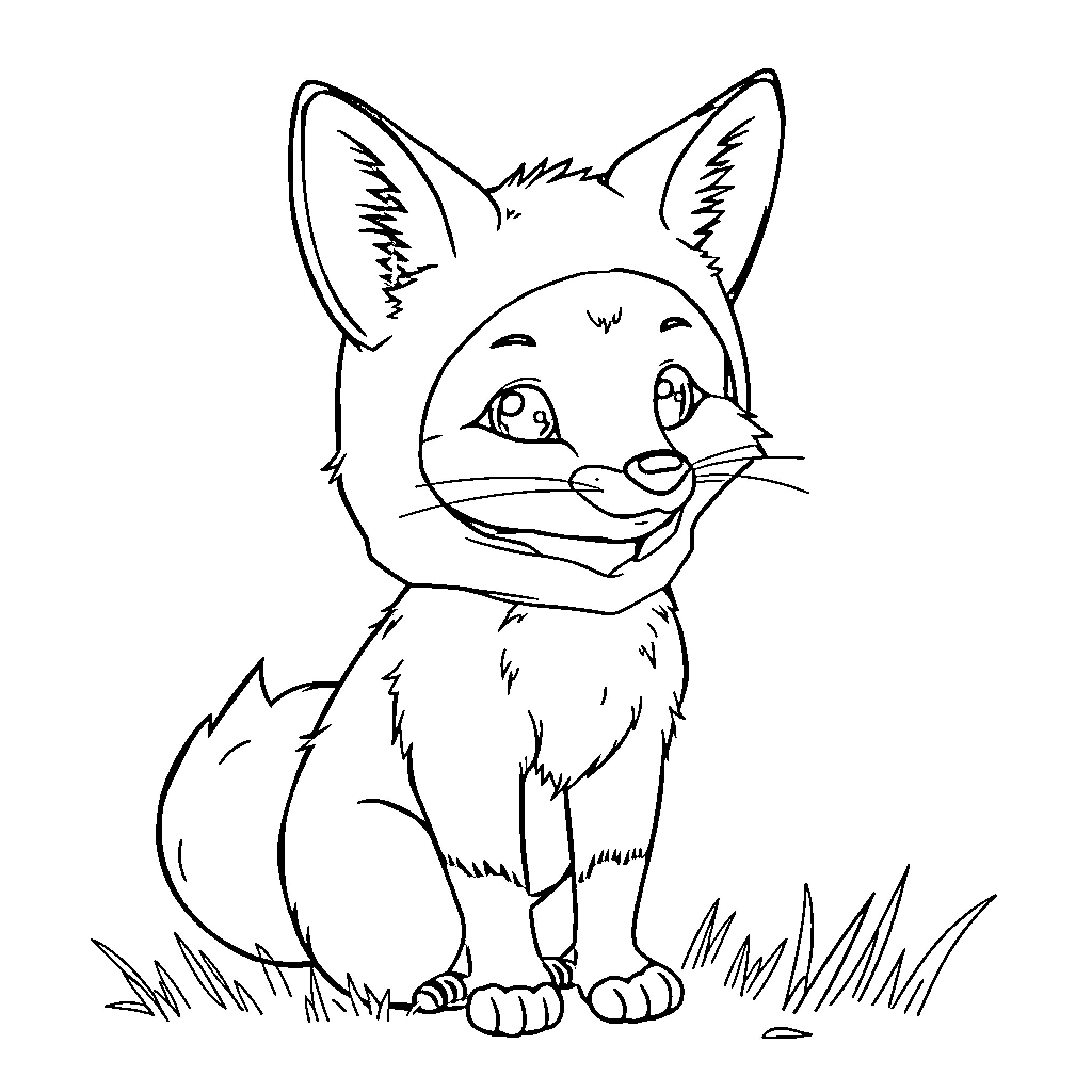 Fox sitting playfully in the grass Coloring Page (free black-and-white line drawing printable PDF for all, from beginners to advanced learners, including children, teens, adults, and seniors)