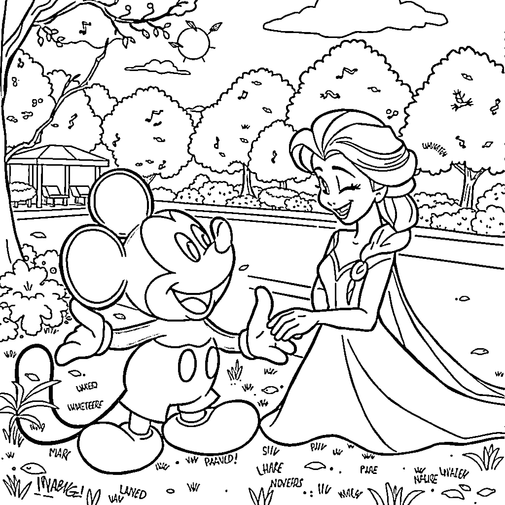 Elsa and Mickey Mouse Exploring the Enchanted Forest Coloring Page (free black-and-white line drawing printable PDF for all, from beginners to advanced learners, including children, teens, adults, and seniors)
