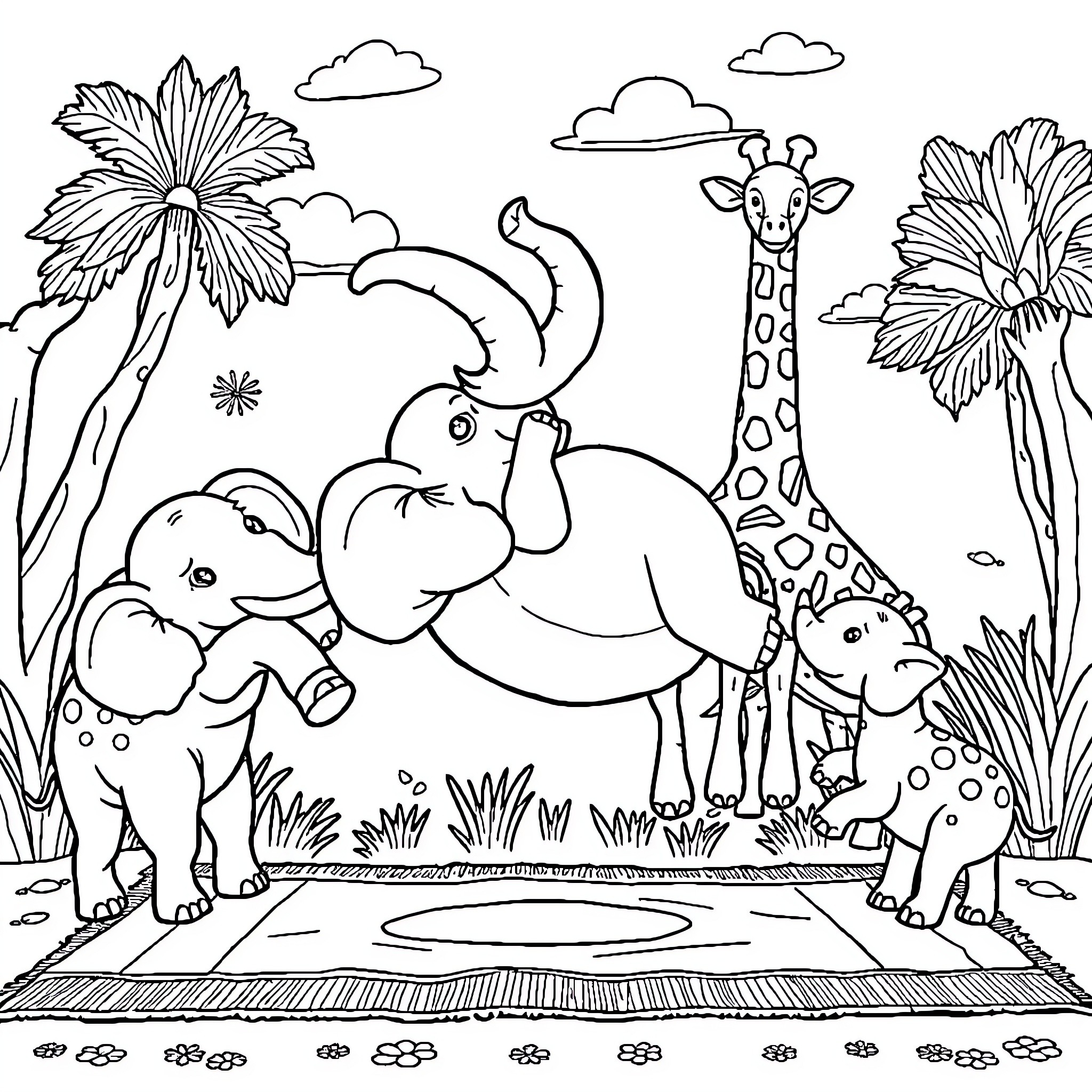 Safari Animal Friends Exploring Jungle Scenery Coloring Page (free black-and-white line drawing printable PDF for all, from beginners to advanced learners, including children, teens, adults, and seniors)