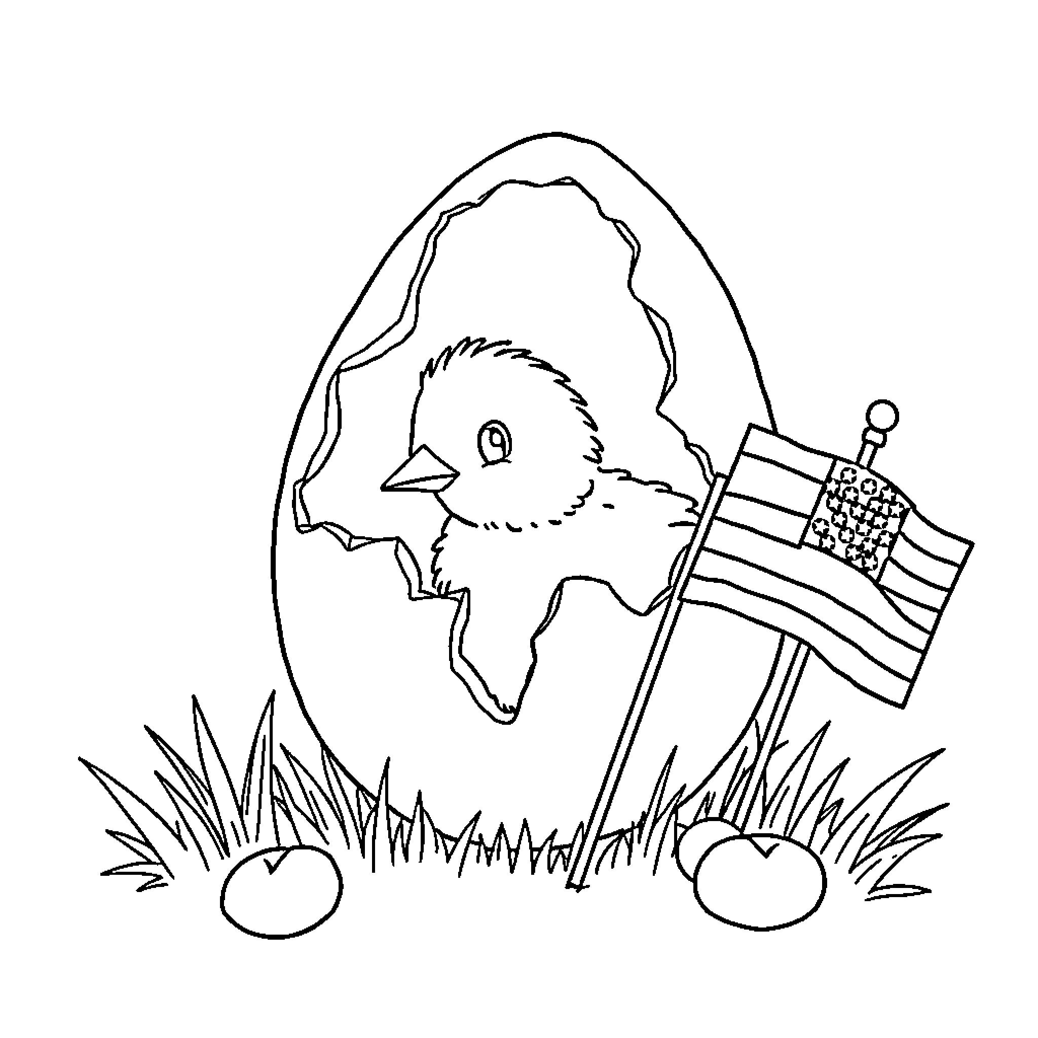 Easter Egg with Chick and American Flag Coloring Page (free black-and-white line drawing printable PDF for all, from beginners to advanced learners, including children, teens, adults, and seniors)