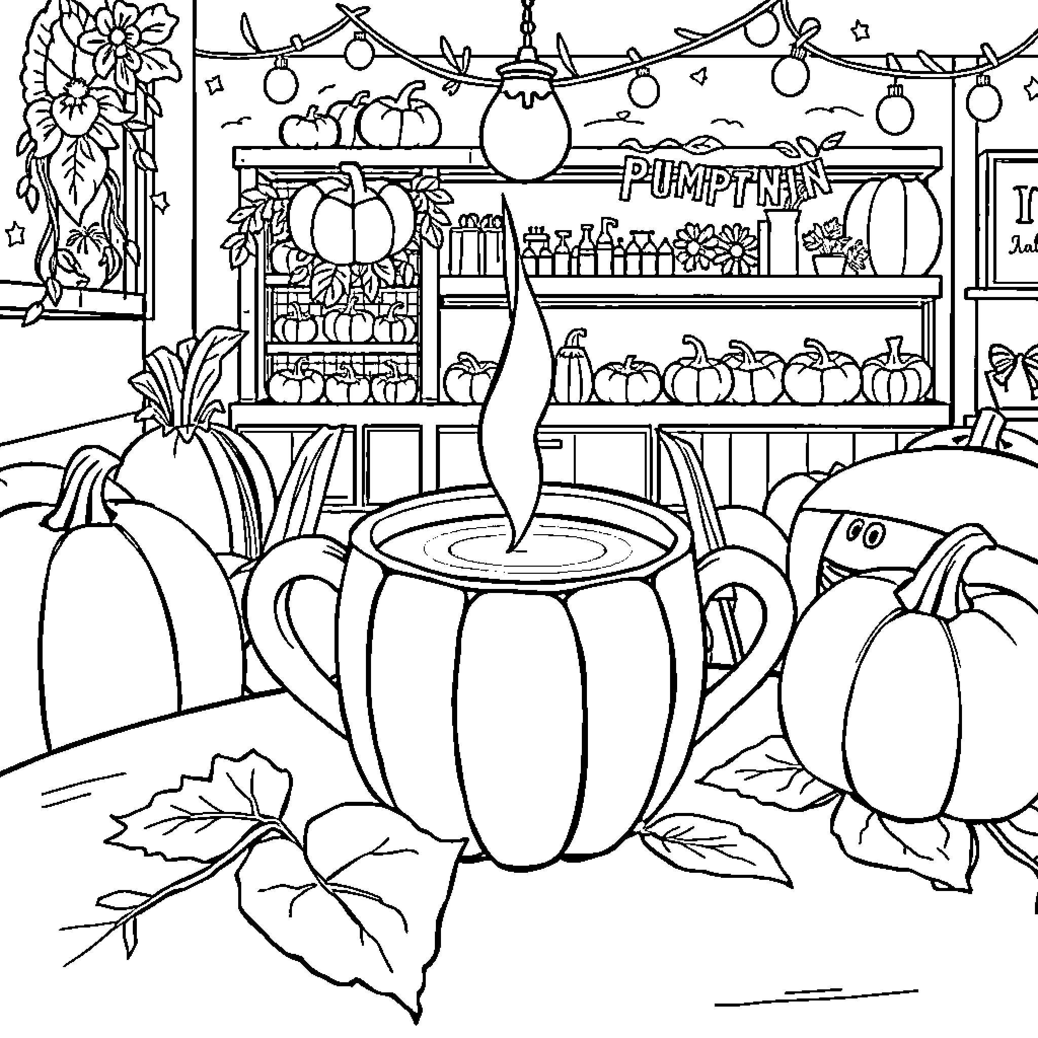 Pumpkins and Autumn Decor in a Cozy Shop Coloring Page (free black-and-white line drawing printable PDF for all, from beginners to advanced learners, including children, teens, adults, and seniors)