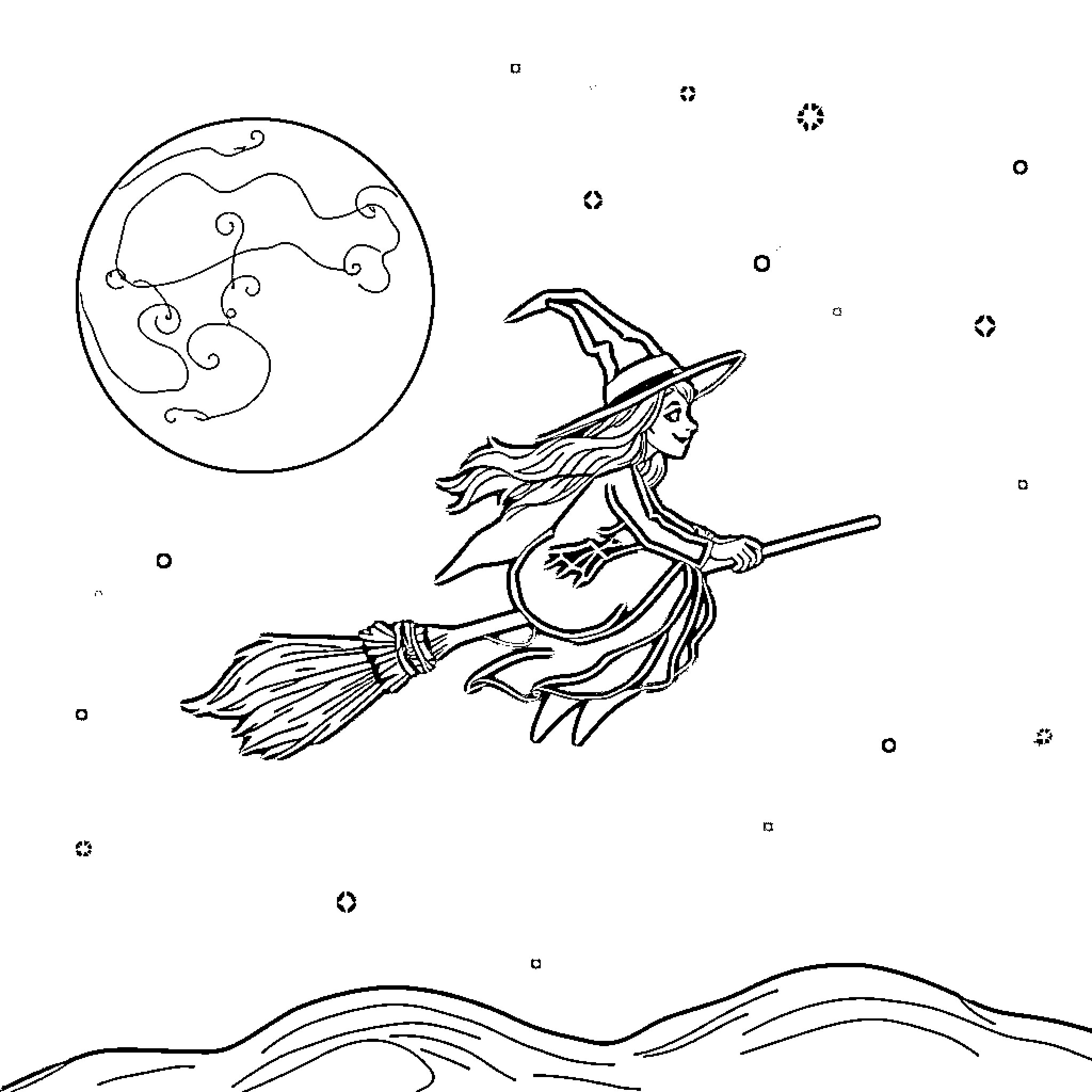 Witch flying on a broomstick under a full moon Coloring Page (free black-and-white line drawing printable PDF for all, from beginners to advanced learners, including children, teens, adults, and seniors)