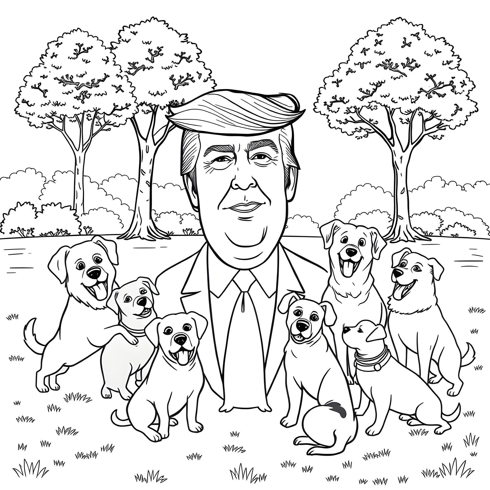 Dog owner posing with happy puppies in the park Coloring Page (free black-and-white line drawing printable PDF for all, from beginners to advanced learners, including children, teens, adults, and seniors)