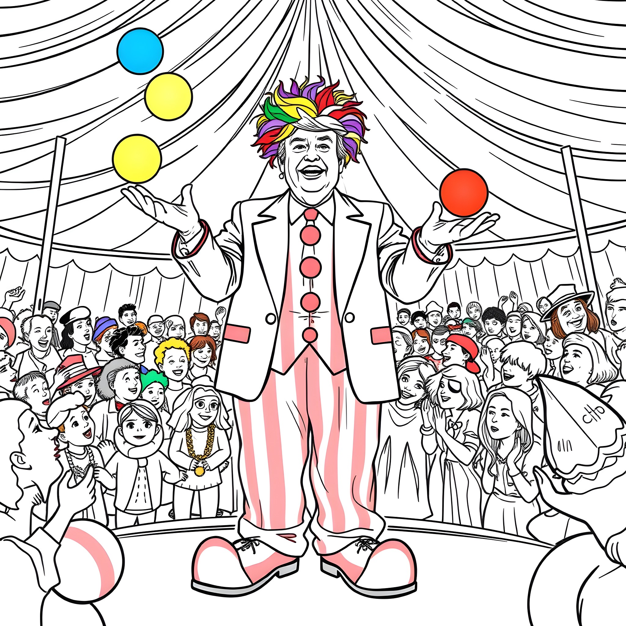 Donald Trump Performing as a Circus Clown in Front of Crowd Coloring Page (free black-and-white line drawing printable PDF for all, from beginners to advanced learners, including children, teens, adults, and seniors)