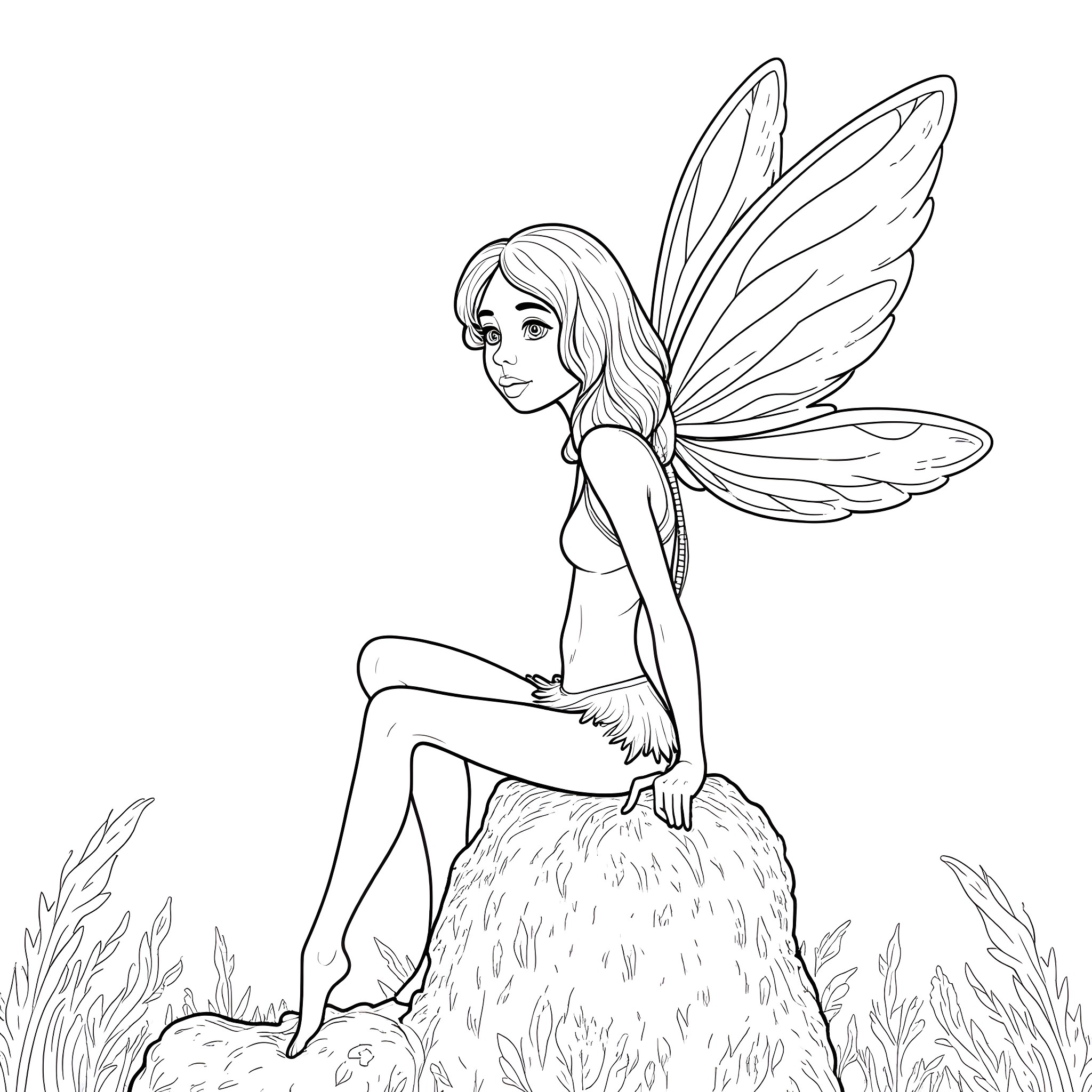 Fairy resting atop a mossy rock in the forest Coloring Page (free black-and-white line drawing printable PDF for all, from beginners to advanced learners, including children, teens, adults, and seniors)