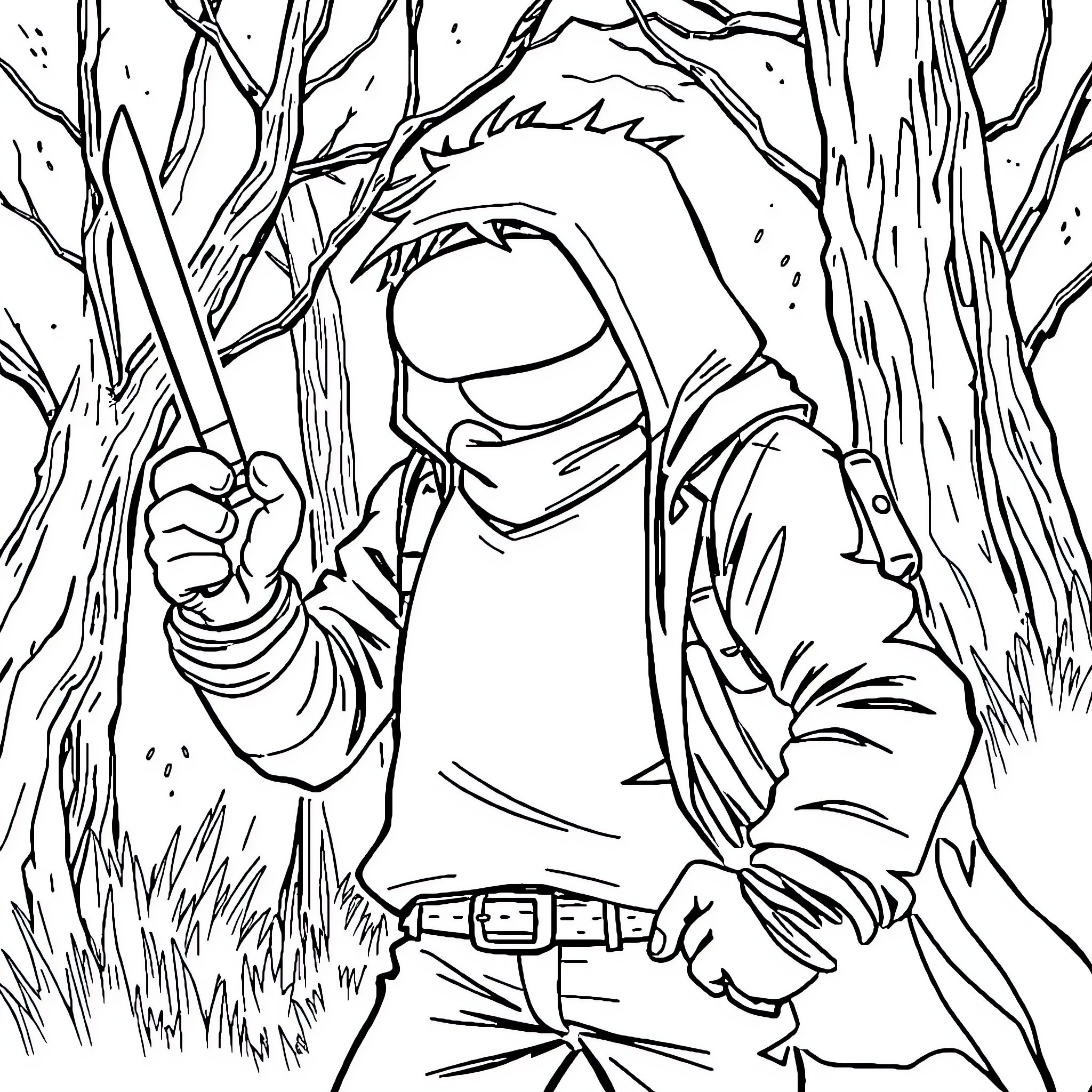 Among Us Crewmate in Wooded Wilderness Coloring Page (free black-and-white line drawing printable PDF for all, from beginners to advanced learners, including children, teens, adults, and seniors)