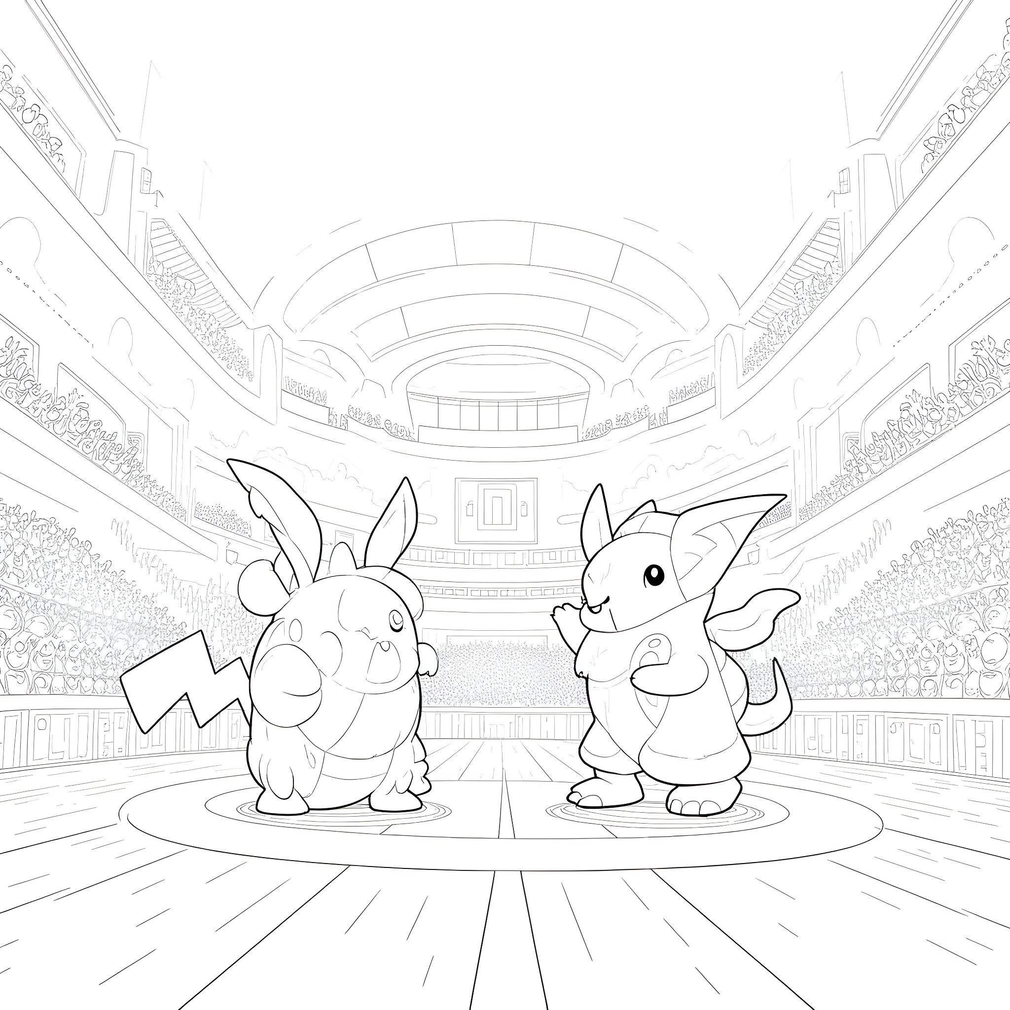 Pokémon Trainers Battle in Arena Coloring Page (free black-and-white line drawing printable PDF for all, from beginners to advanced learners, including children, teens, adults, and seniors)