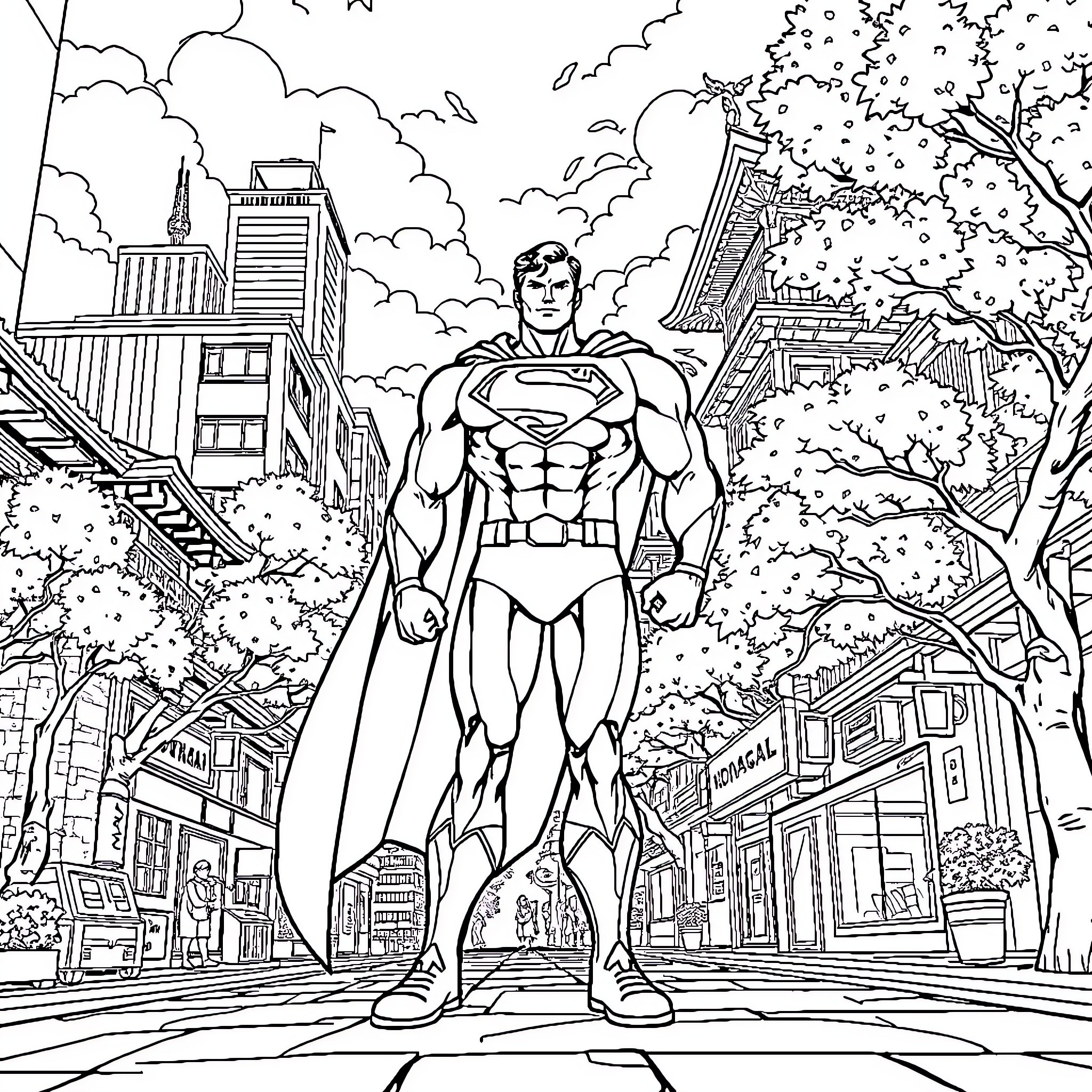 Superman heroically standing in the city Coloring Page (free black-and-white line drawing printable PDF for all, from beginners to advanced learners, including children, teens, adults, and seniors)