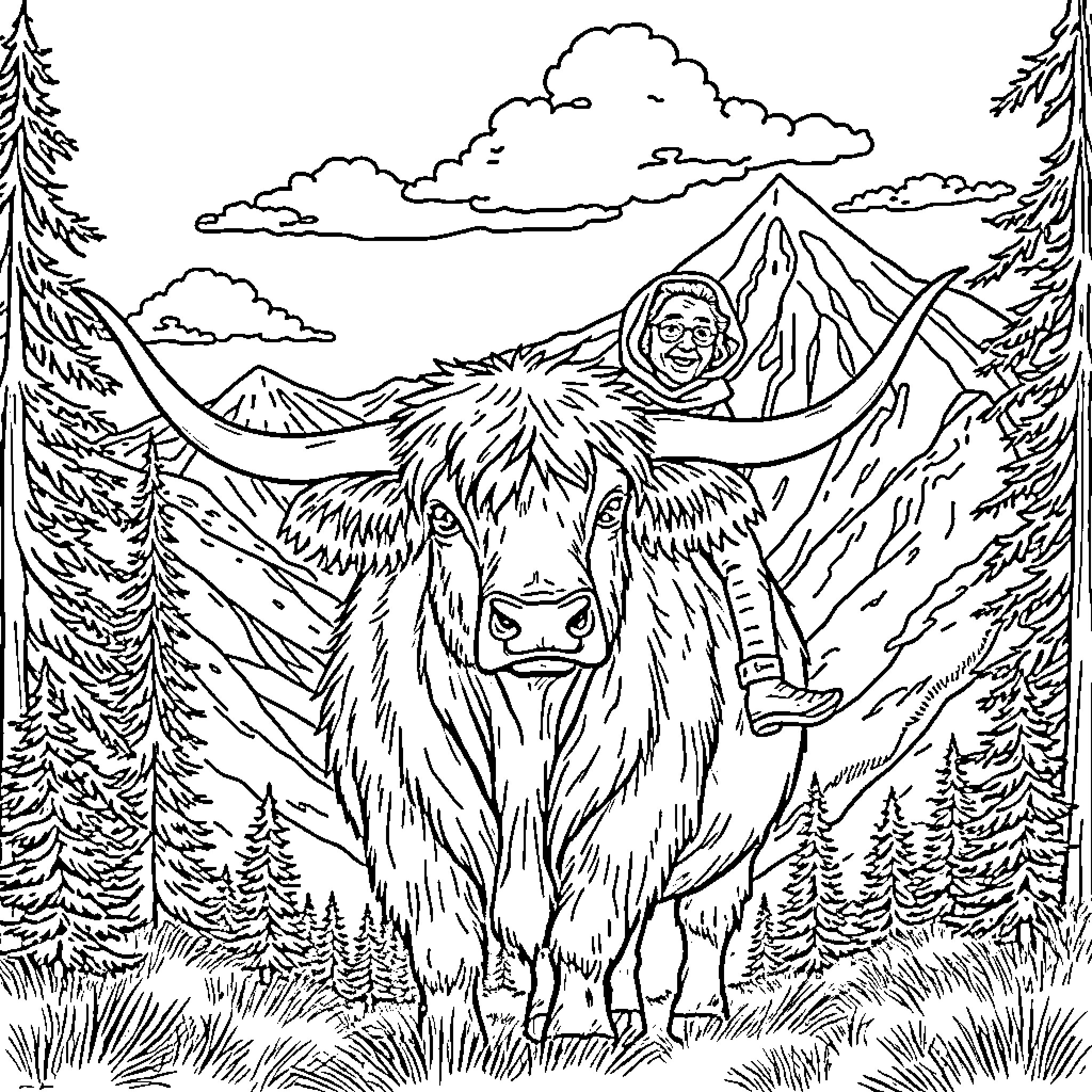 Cow in the snowy mountain landscape Coloring Page (free black-and-white line drawing printable PDF for all, from beginners to advanced learners, including children, teens, adults, and seniors)