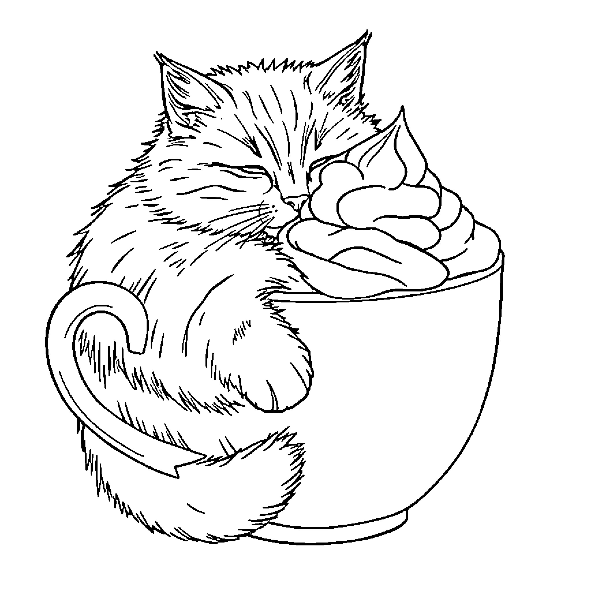 Cat curled up comfortably in a mug Coloring Page (free black-and-white line drawing printable PDF for all, from beginners to advanced learners, including children, teens, adults, and seniors)
