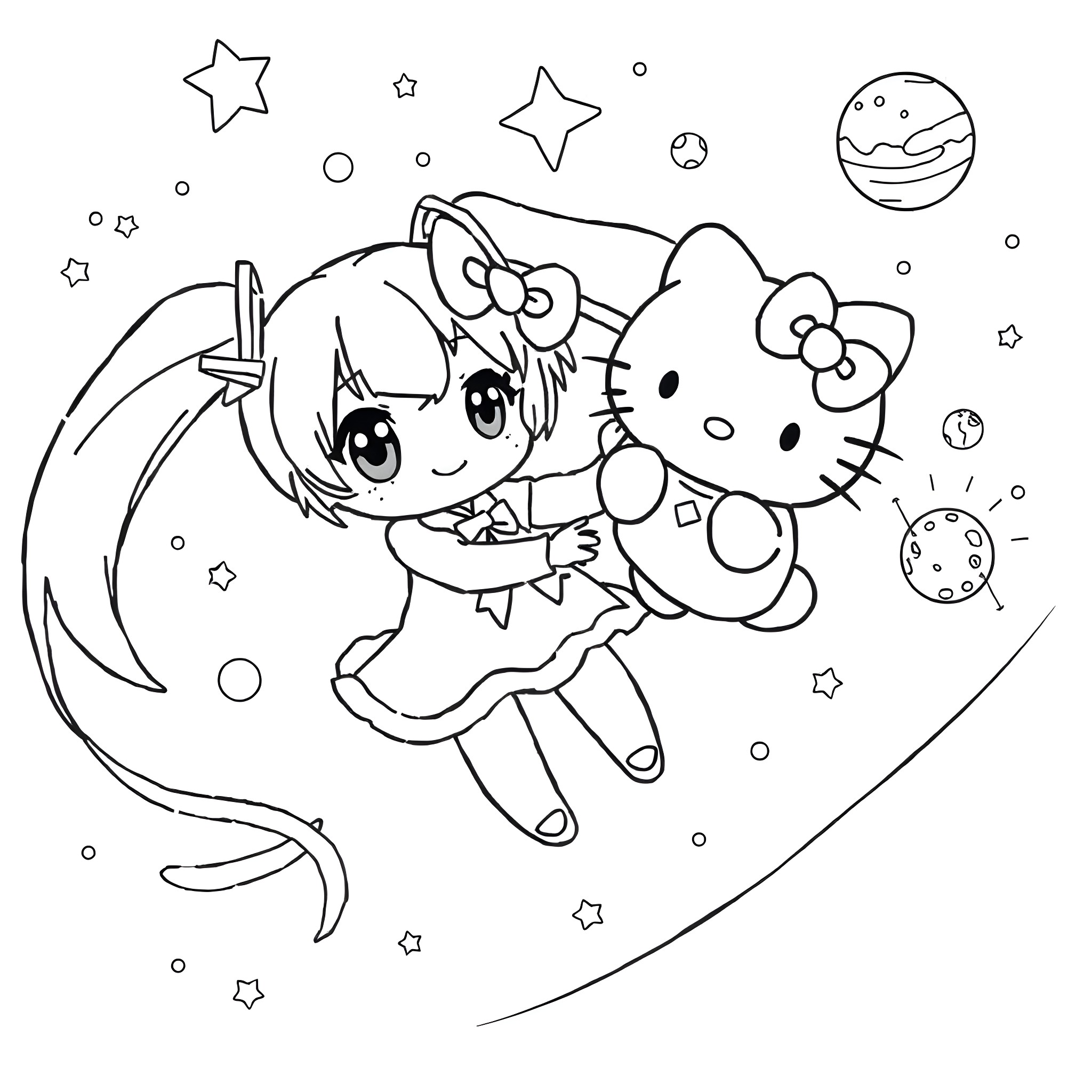 Miku and Hello Kitty playing in the starry space Coloring Page (free black-and-white line drawing printable PDF for all, from beginners to advanced learners, including children, teens, adults, and seniors)