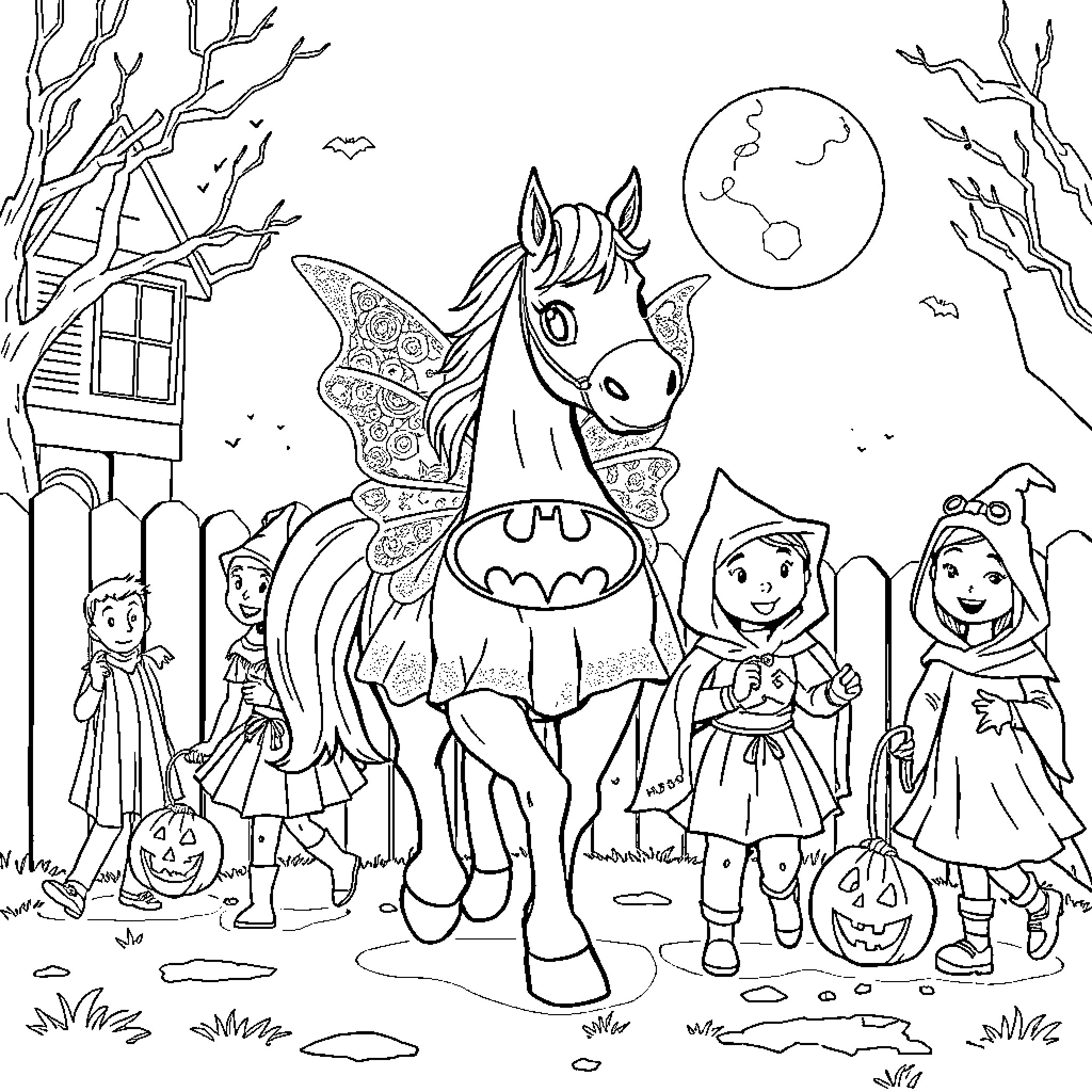 Horse and children celebrating Halloween night Coloring Page (free black-and-white line drawing printable PDF for all, from beginners to advanced learners, including children, teens, adults, and seniors)