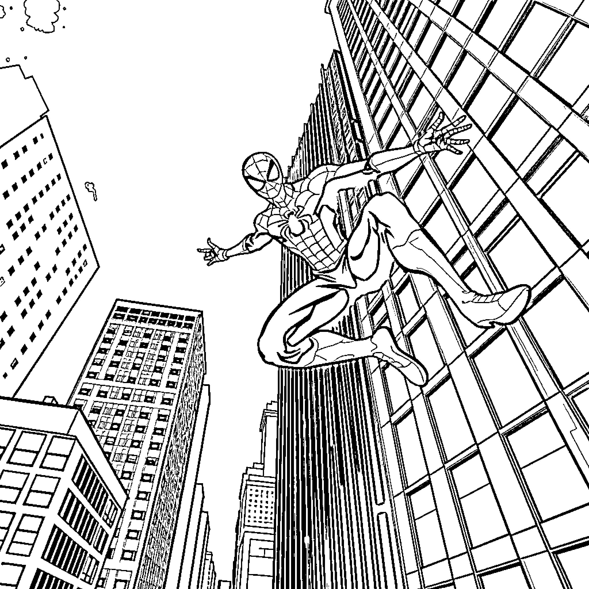 Spiderman swinging through the city skyscrapers Coloring Page (free black-and-white line drawing printable PDF for all, from beginners to advanced learners, including children, teens, adults, and seniors)