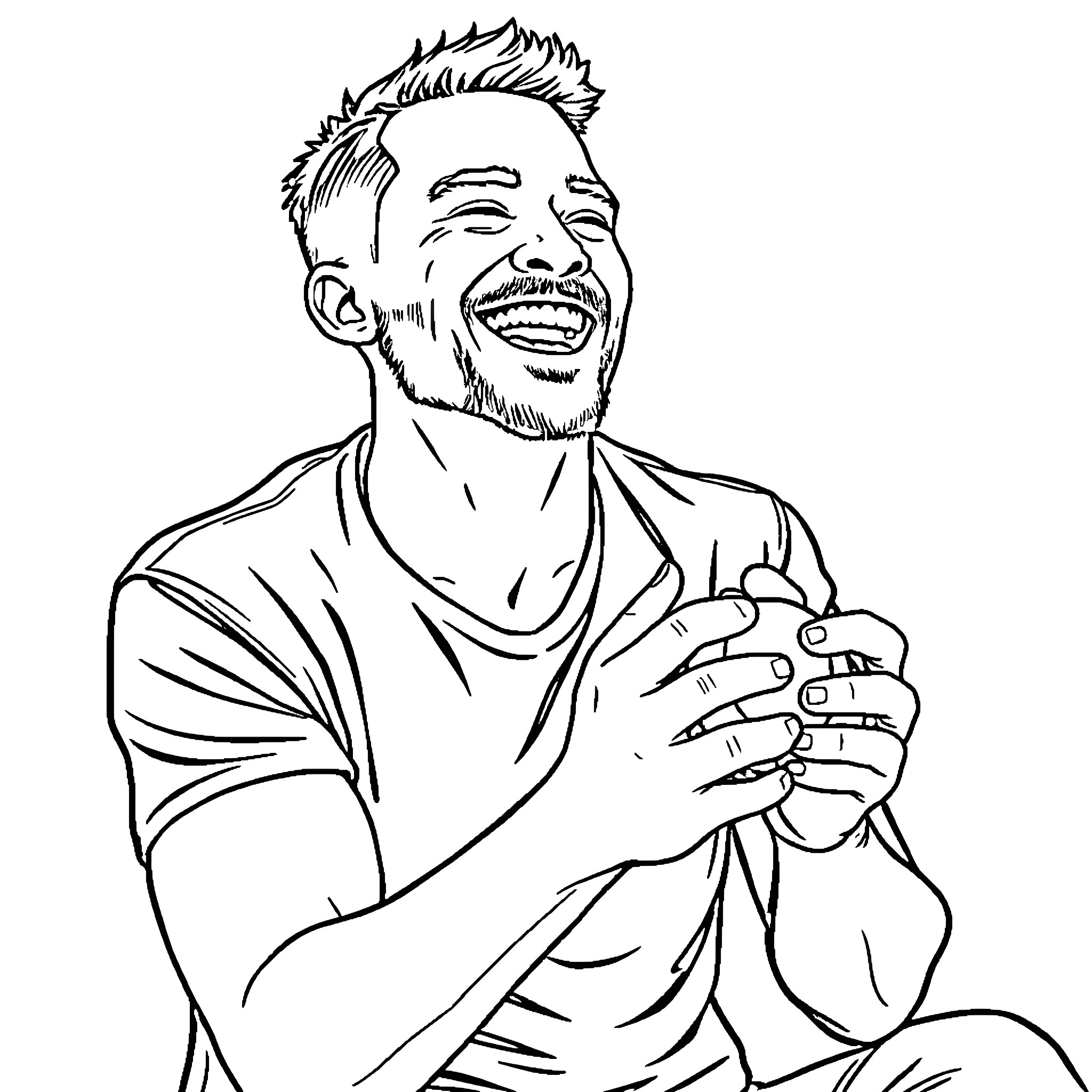 Man laughing joyfully with enthusiasm Coloring Page (free black-and-white line drawing printable PDF for all, from beginners to advanced learners, including children, teens, adults, and seniors)