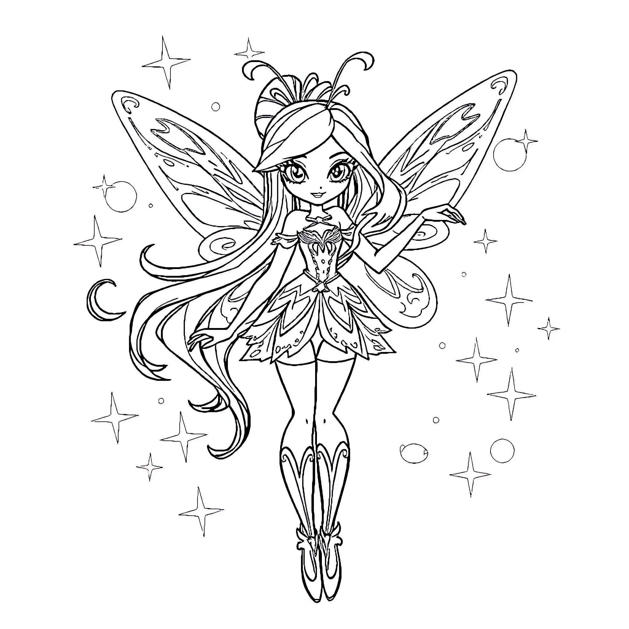 Bloom of a Magical Fairy Coloring Page (free black-and-white line drawing printable PDF for all, from beginners to advanced learners, including children, teens, adults, and seniors)
