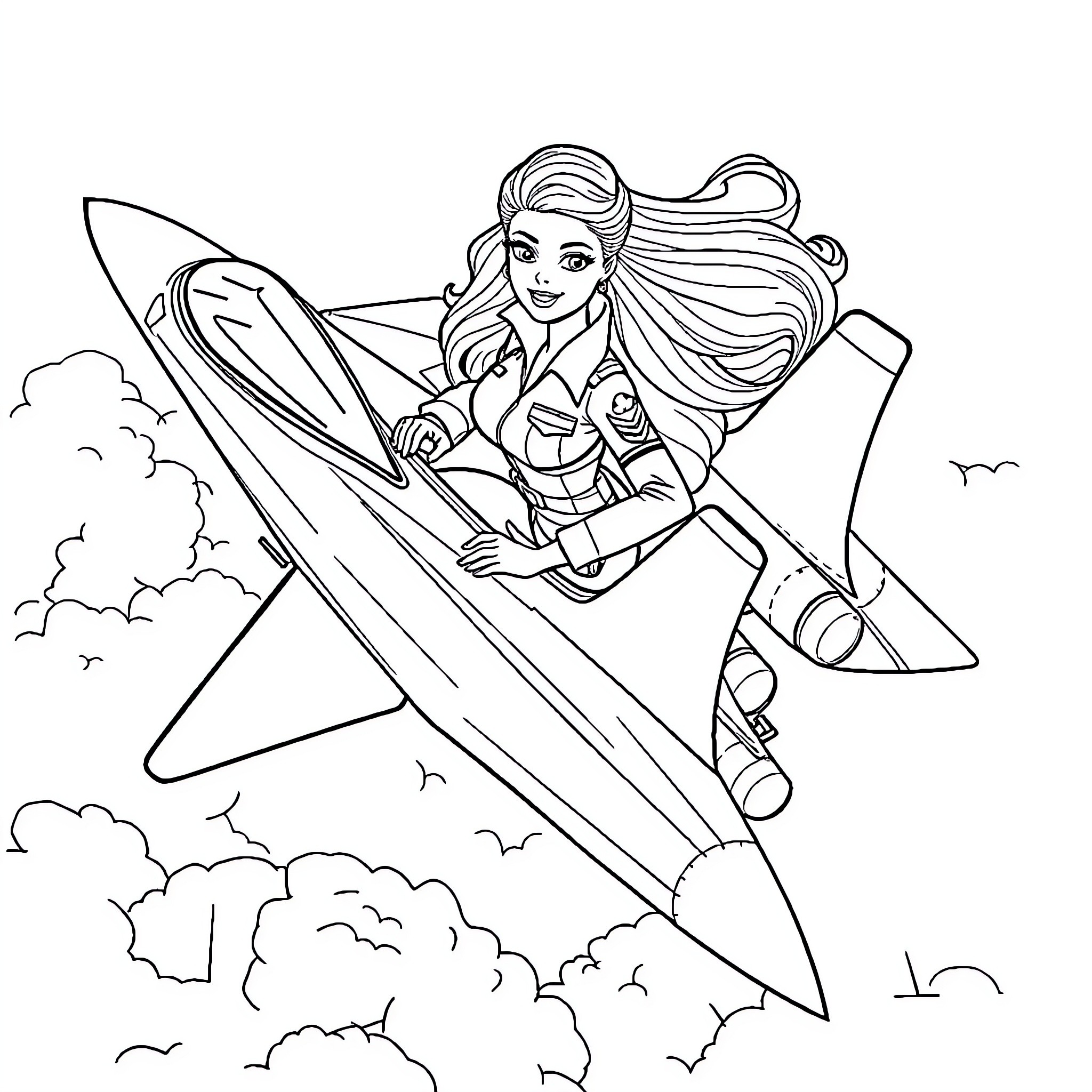 Barbie flying on a rocket through the sky Coloring Page (free black-and-white line drawing printable PDF for all, from beginners to advanced learners, including children, teens, adults, and seniors)