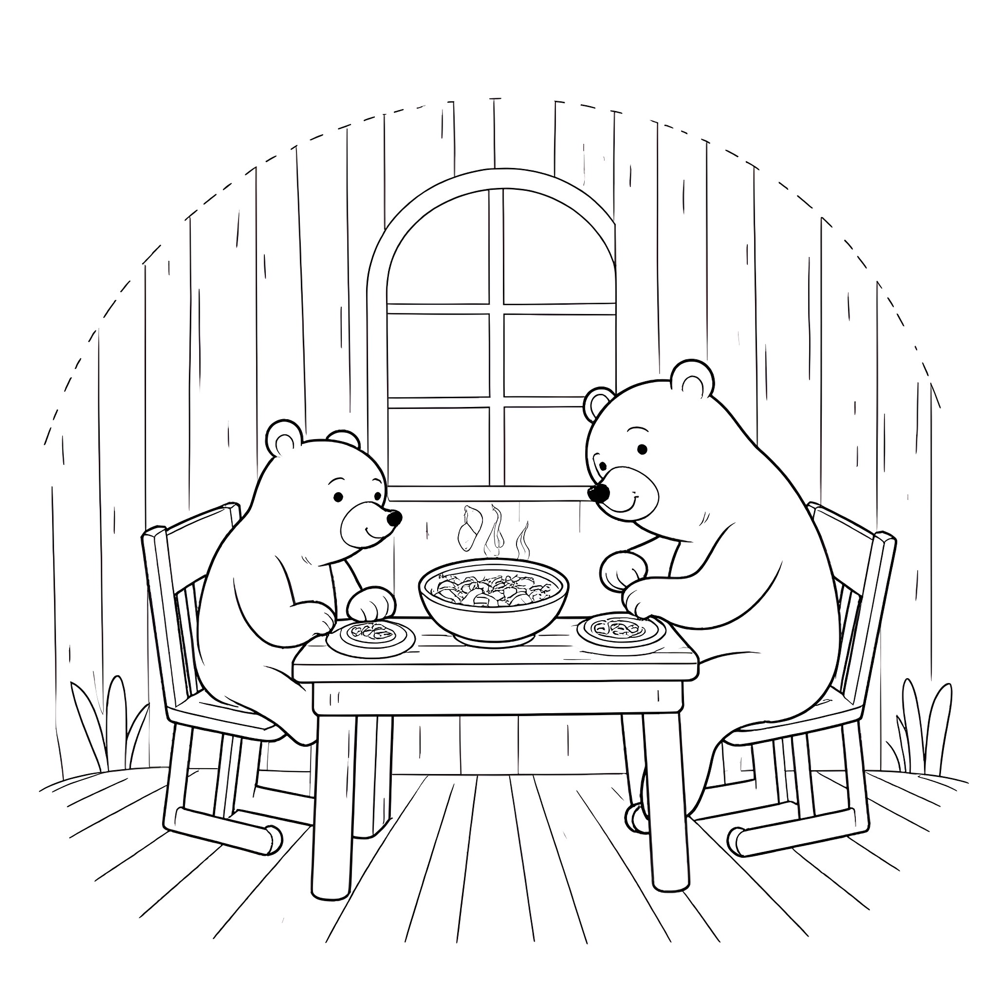 Bear family having a meal together Coloring Page (free black-and-white line drawing printable PDF for all, from beginners to advanced learners, including children, teens, adults, and seniors)