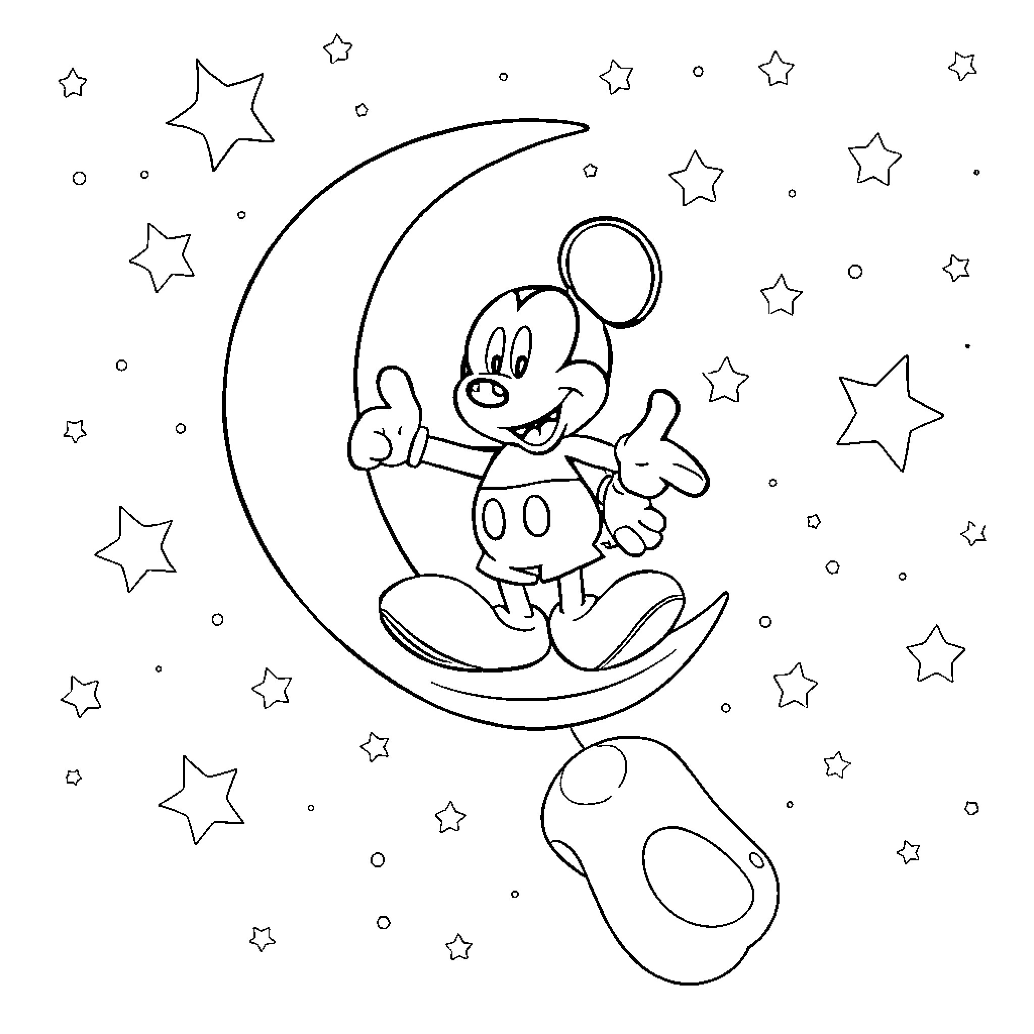 Mickey Mouse sitting on a crescent moon with stars Coloring Page (free black-and-white line drawing printable PDF for all, from beginners to advanced learners, including children, teens, adults, and seniors)