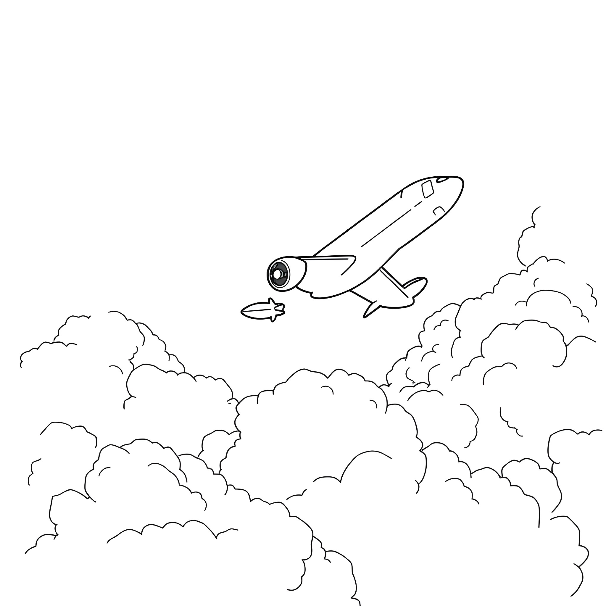 Airplane soaring through cloudy skies Coloring Page (free black-and-white line drawing printable PDF for all, from beginners to advanced learners, including children, teens, adults, and seniors)