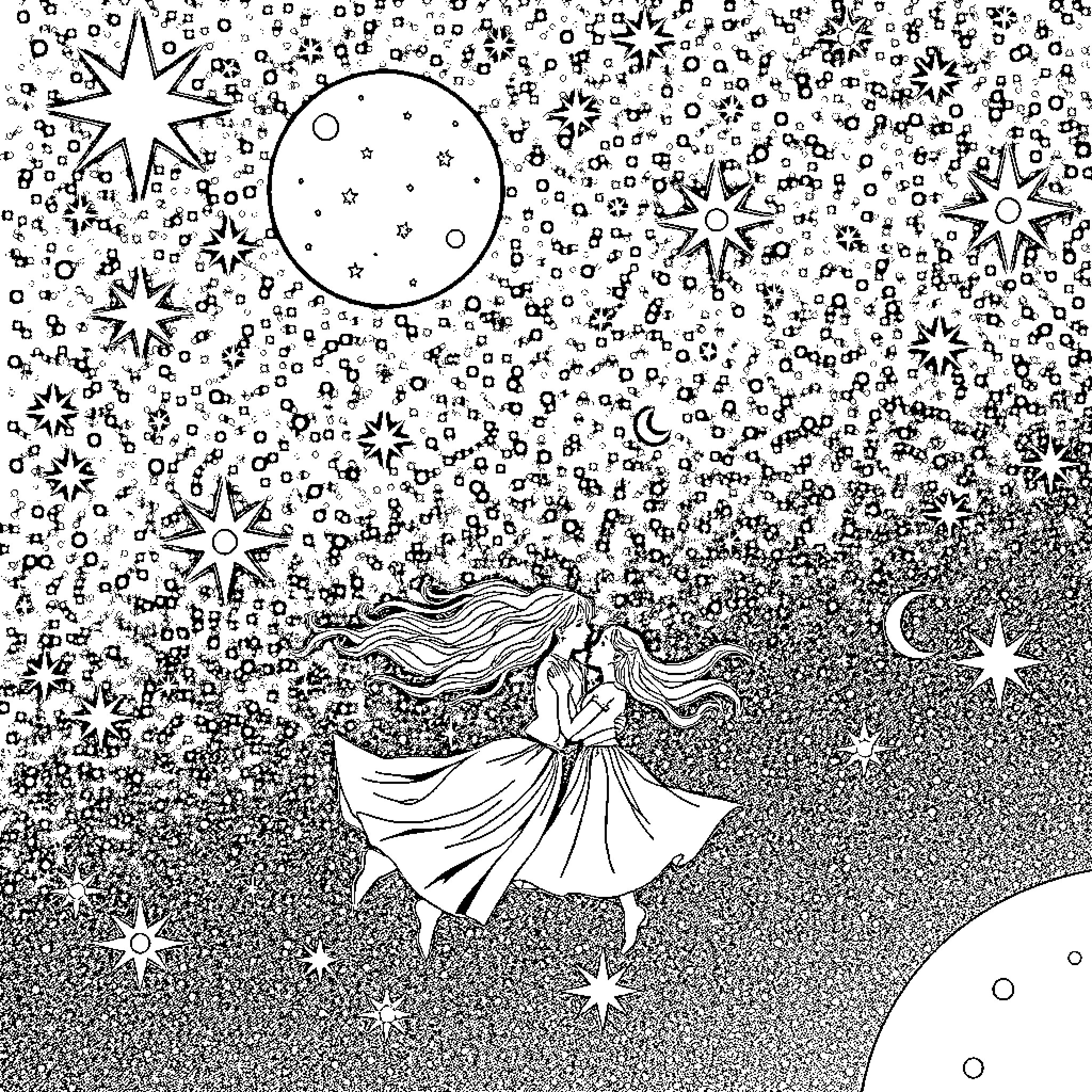 Love under the Starry Night Coloring Page (free black-and-white line drawing printable PDF for all, from beginners to advanced learners, including children, teens, adults, and seniors)