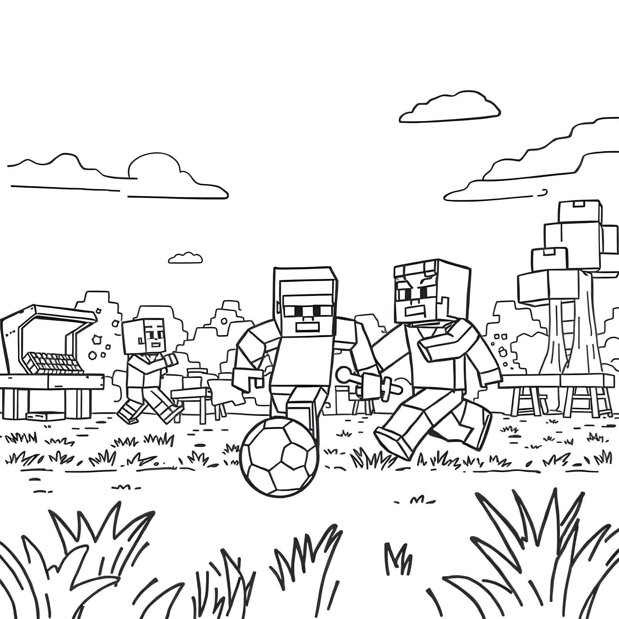 Minecraft characters playing soccer in the park Coloring Page (free black-and-white line drawing printable PDF for all, from beginners to advanced learners, including children, teens, adults, and seniors)
