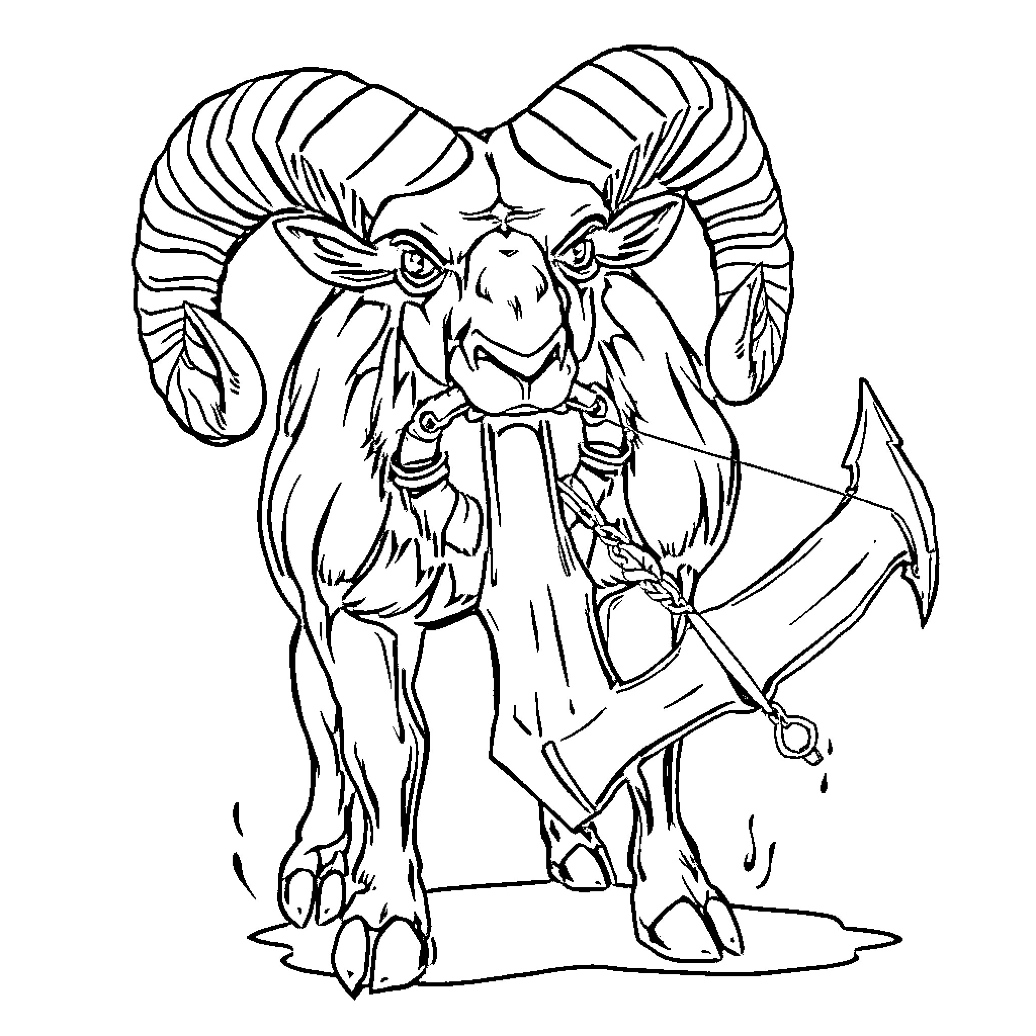 Ram holding a large axe in its mouth Coloring Page (free black-and-white line drawing printable PDF for all, from beginners to advanced learners, including children, teens, adults, and seniors)