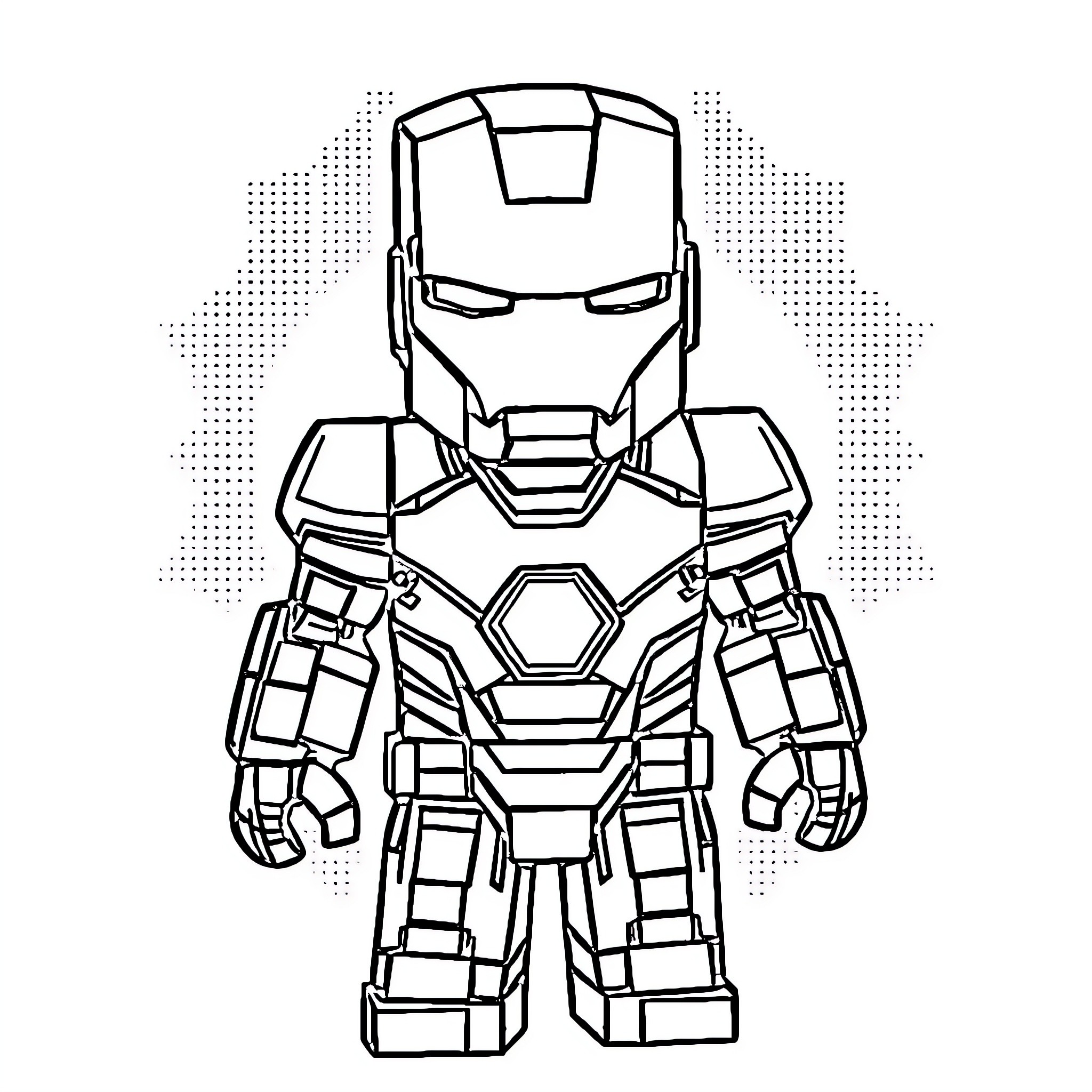 Ironman in battle-ready stance Coloring Page (free black-and-white line drawing printable PDF for all, from beginners to advanced learners, including children, teens, adults, and seniors)