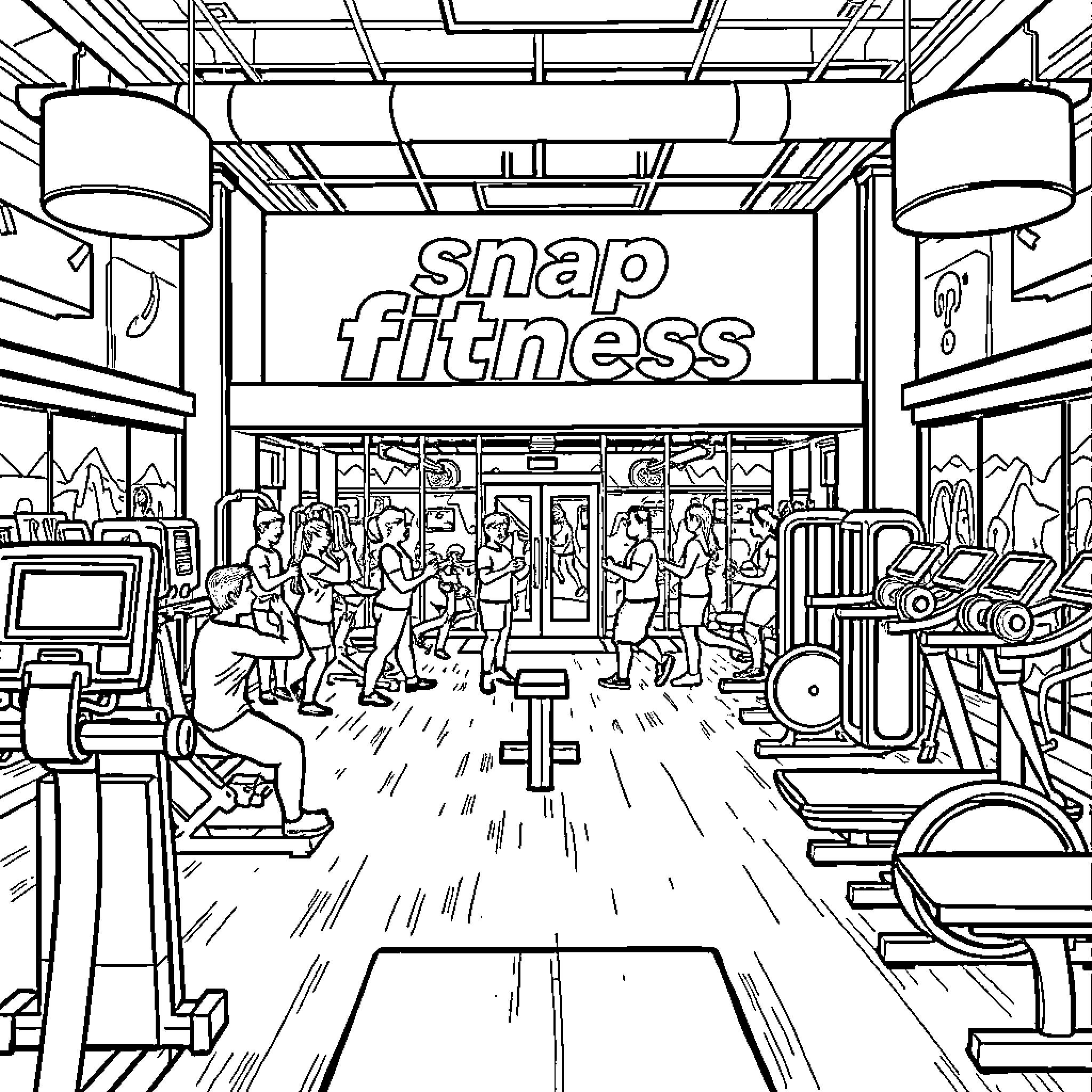 Gym with people working out and exercising Coloring Page (free black-and-white line drawing printable PDF for all, from beginners to advanced learners, including children, teens, adults, and seniors)