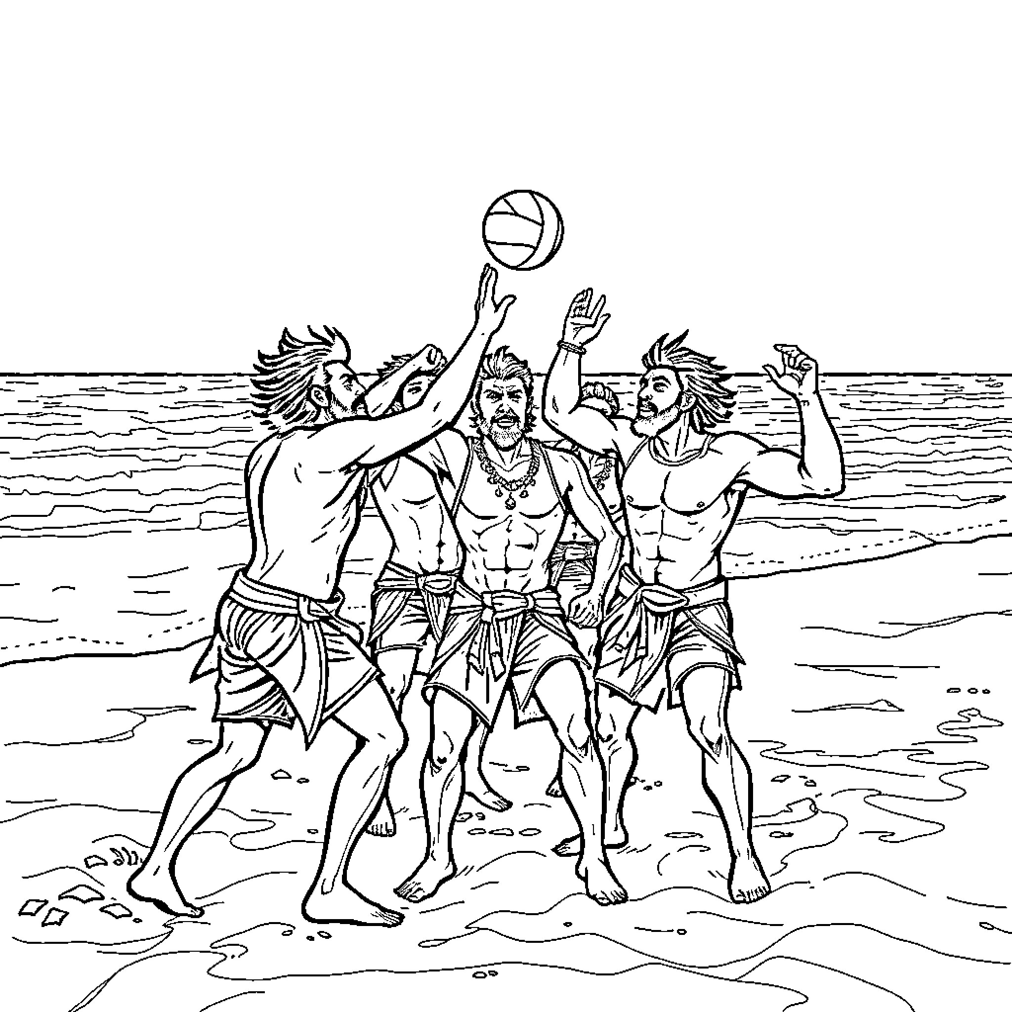 Hunter Volleyball Players Competing on the Beach Coloring Page (free black-and-white line drawing printable PDF for all, from beginners to advanced learners, including children, teens, adults, and seniors)