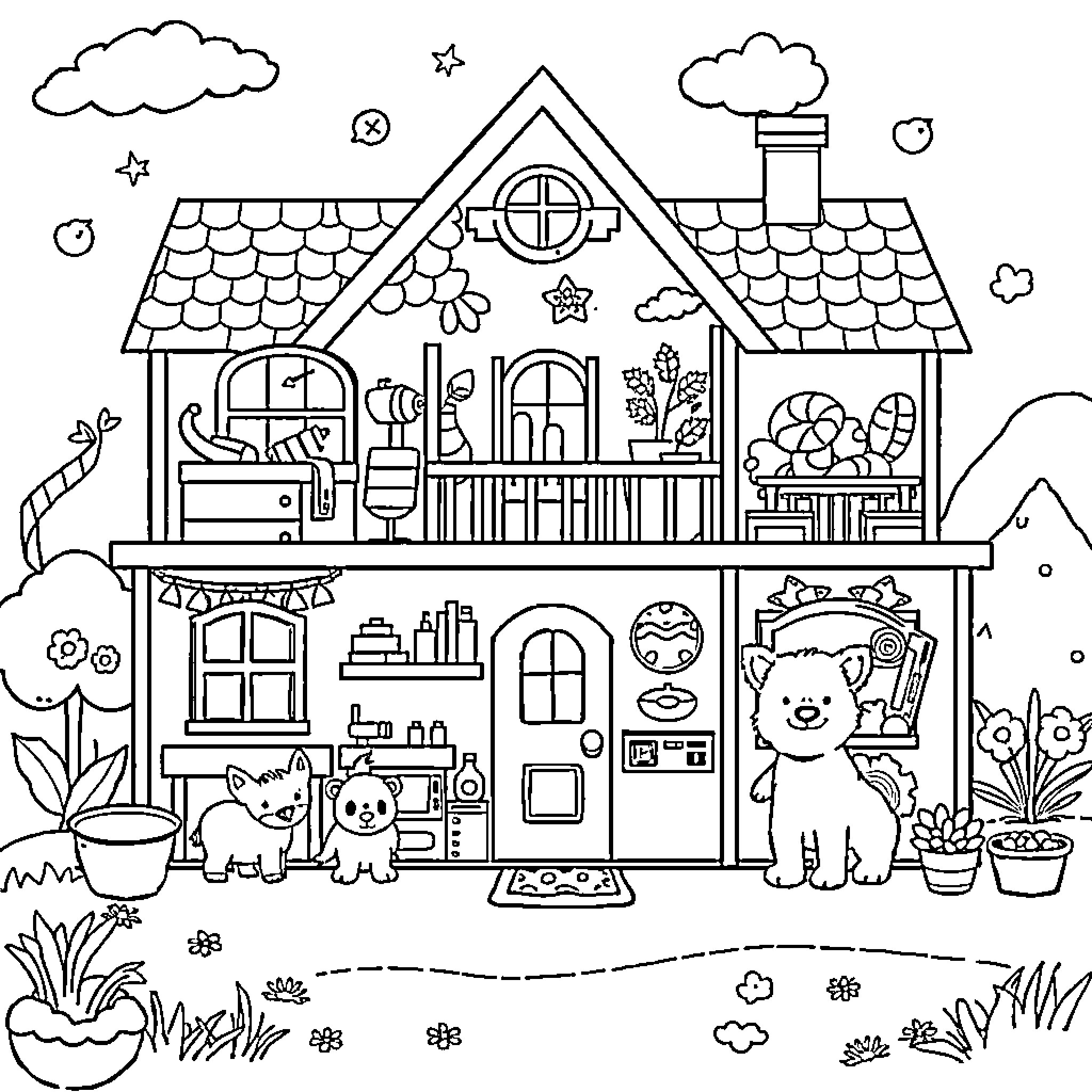 Gabby's Dollhouse - Playtime in the Cozy Dollhouse Coloring Page (free black-and-white line drawing printable PDF for all, from beginners to advanced learners, including children, teens, adults, and seniors)
