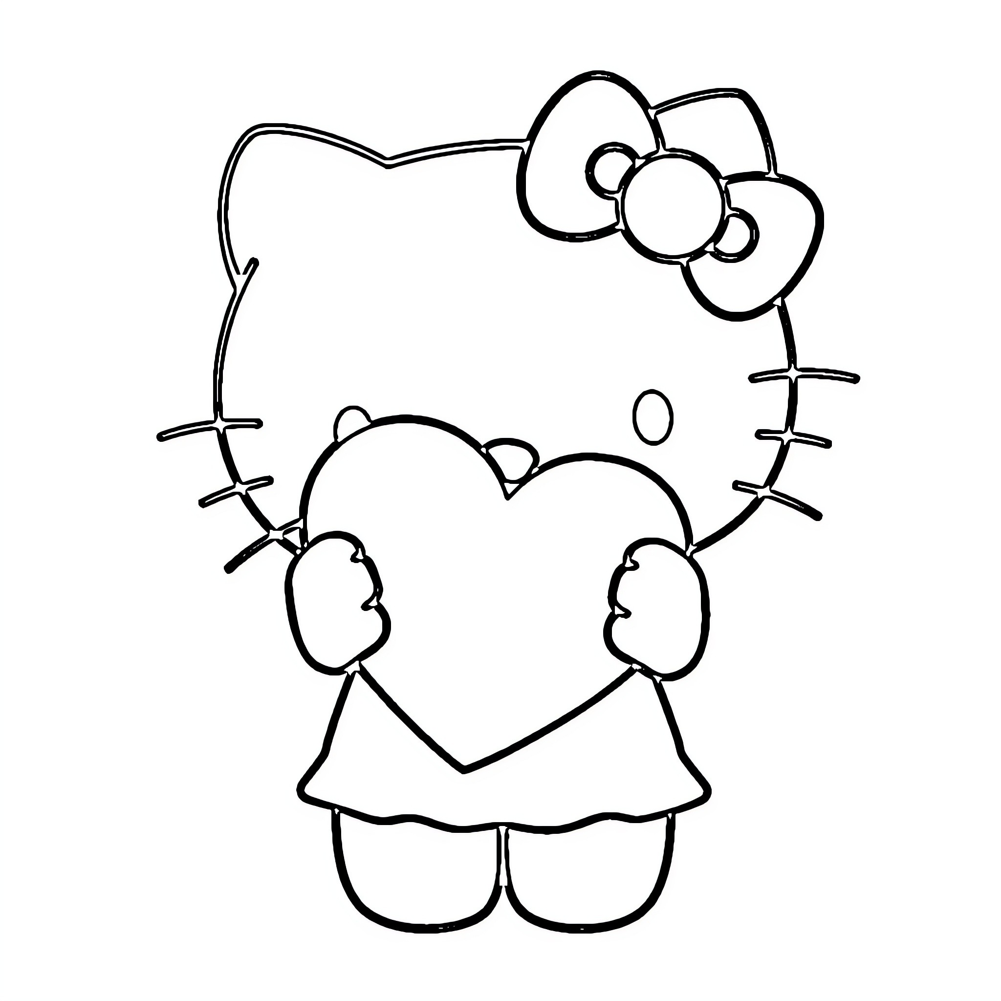 Hello Kitty holding a heart-shaped gift Coloring Page (free black-and-white line drawing printable PDF for all, from beginners to advanced learners, including children, teens, adults, and seniors)