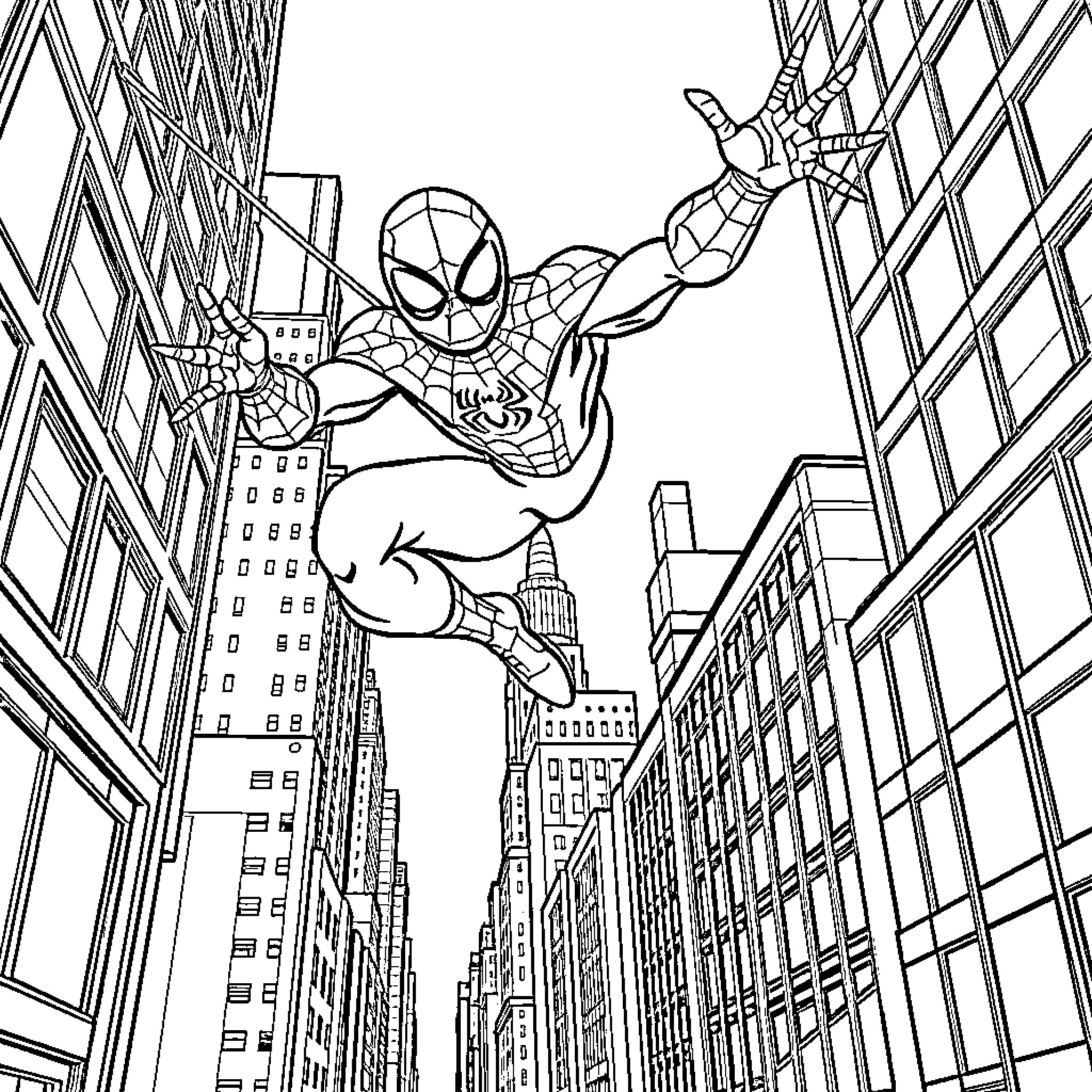 Spiderman swinging through the city skyline Coloring Page (free black-and-white line drawing printable PDF for all, from beginners to advanced learners, including children, teens, adults, and seniors)
