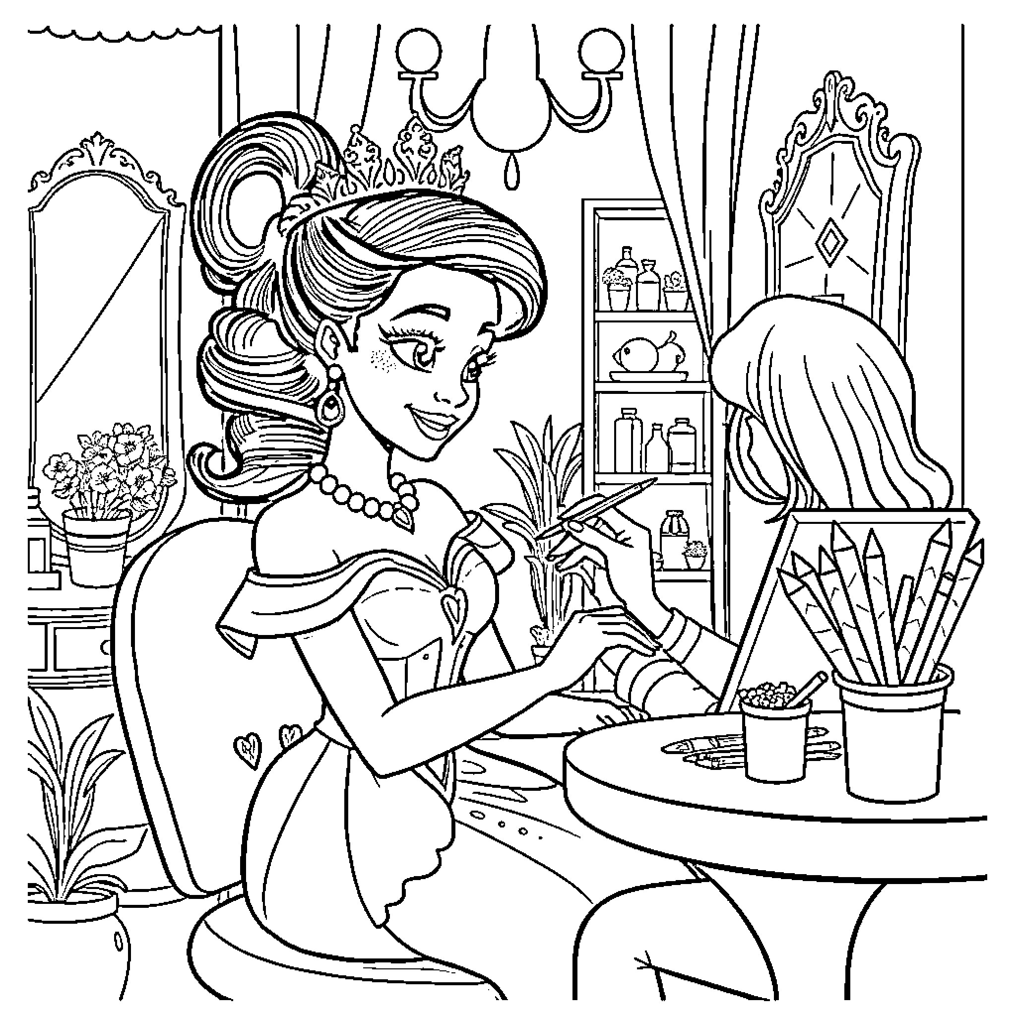 Princess preparing for a special occasion in her room Coloring Page (free black-and-white line drawing printable PDF for all, from beginners to advanced learners, including children, teens, adults, and seniors)