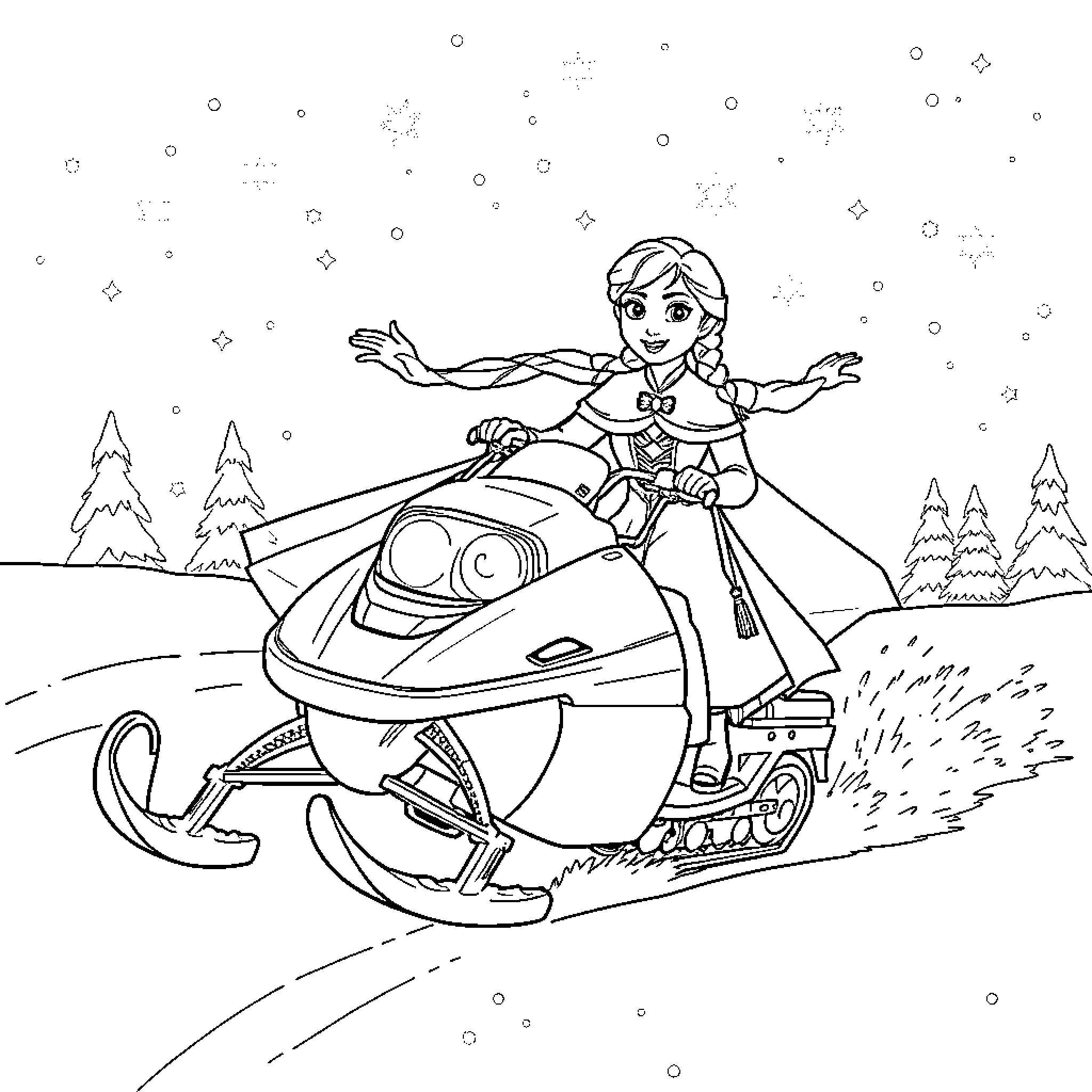Elsa's Snowy Snowmobile Adventure Coloring Page (free black-and-white line drawing printable PDF for all, from beginners to advanced learners, including children, teens, adults, and seniors)