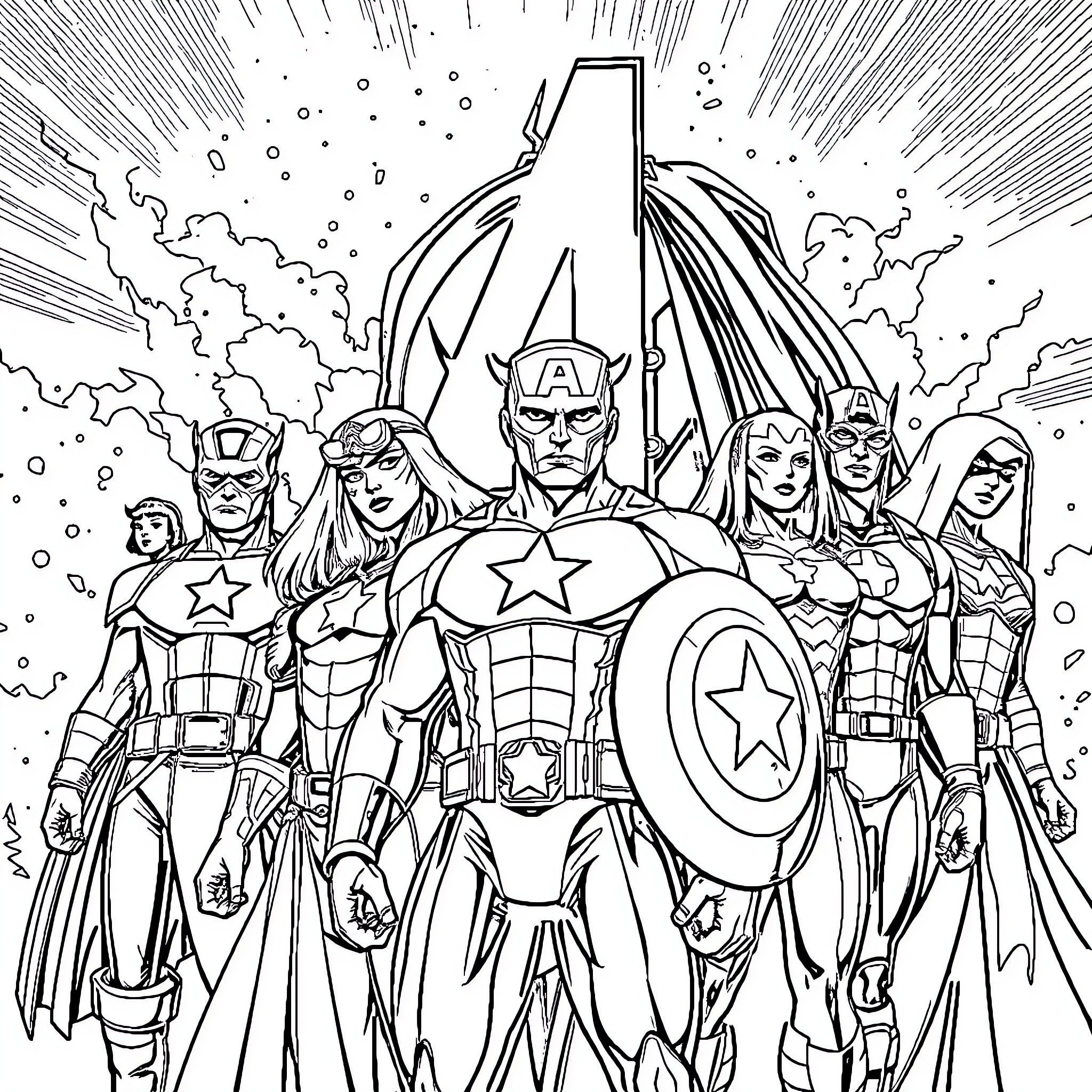 Avengers Assemble for Heroic Adventure Coloring Page (free black-and-white line drawing printable PDF for all, from beginners to advanced learners, including children, teens, adults, and seniors)