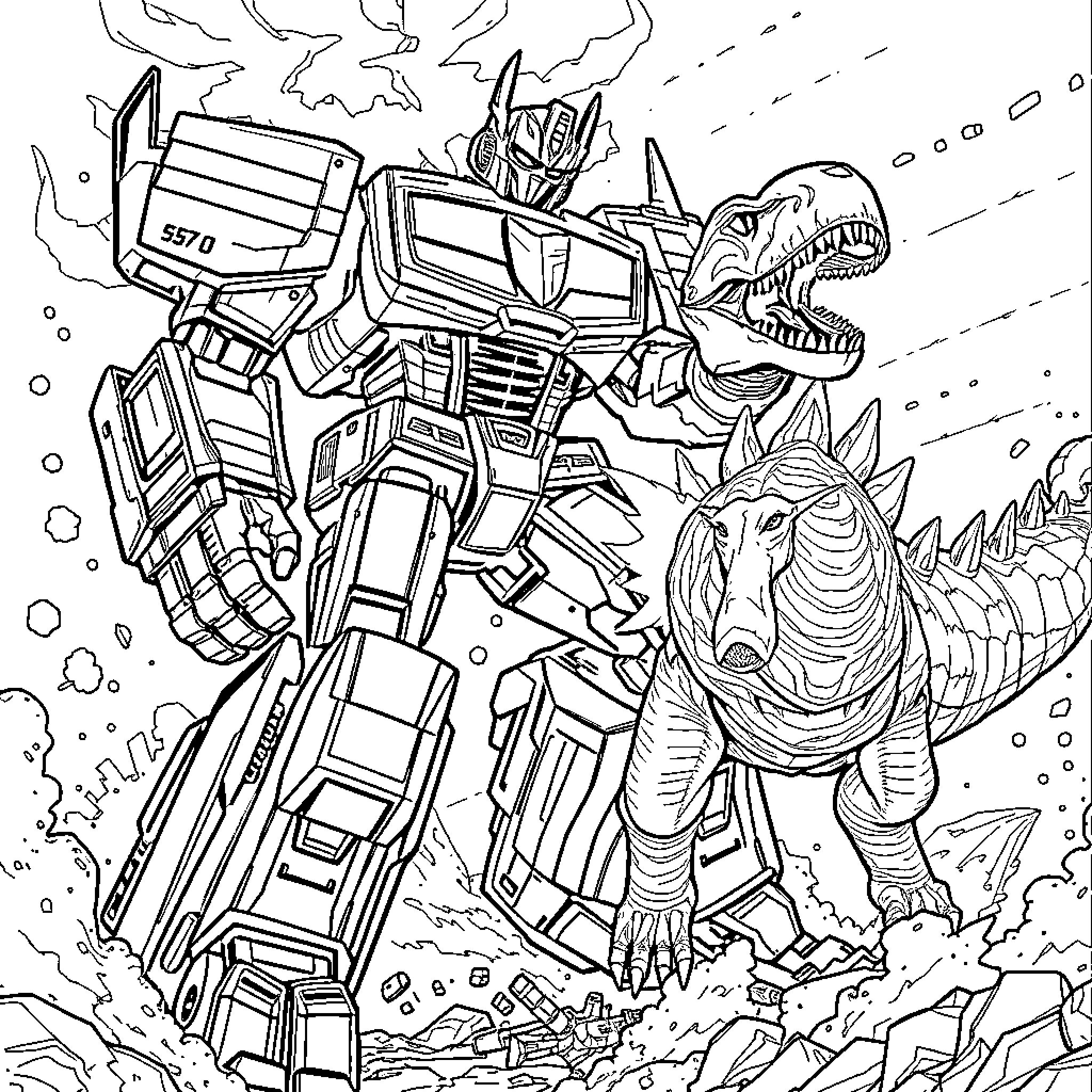 Transformer robot battling against monstrous creature Coloring Page (free black-and-white line drawing printable PDF for all, from beginners to advanced learners, including children, teens, adults, and seniors)