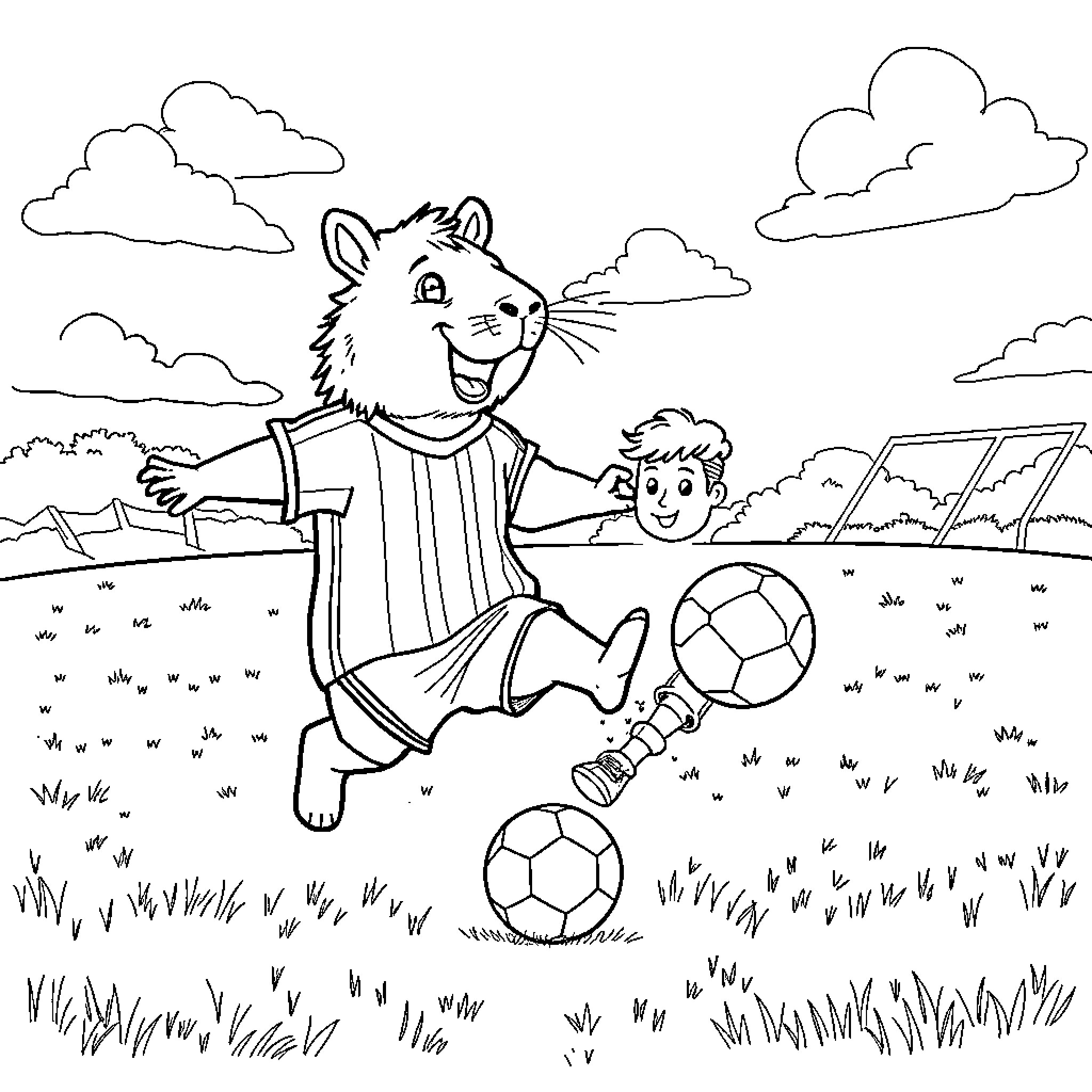 Capybara playing soccer with a child in the park Coloring Page (free black-and-white line drawing printable PDF for all, from beginners to advanced learners, including children, teens, adults, and seniors)