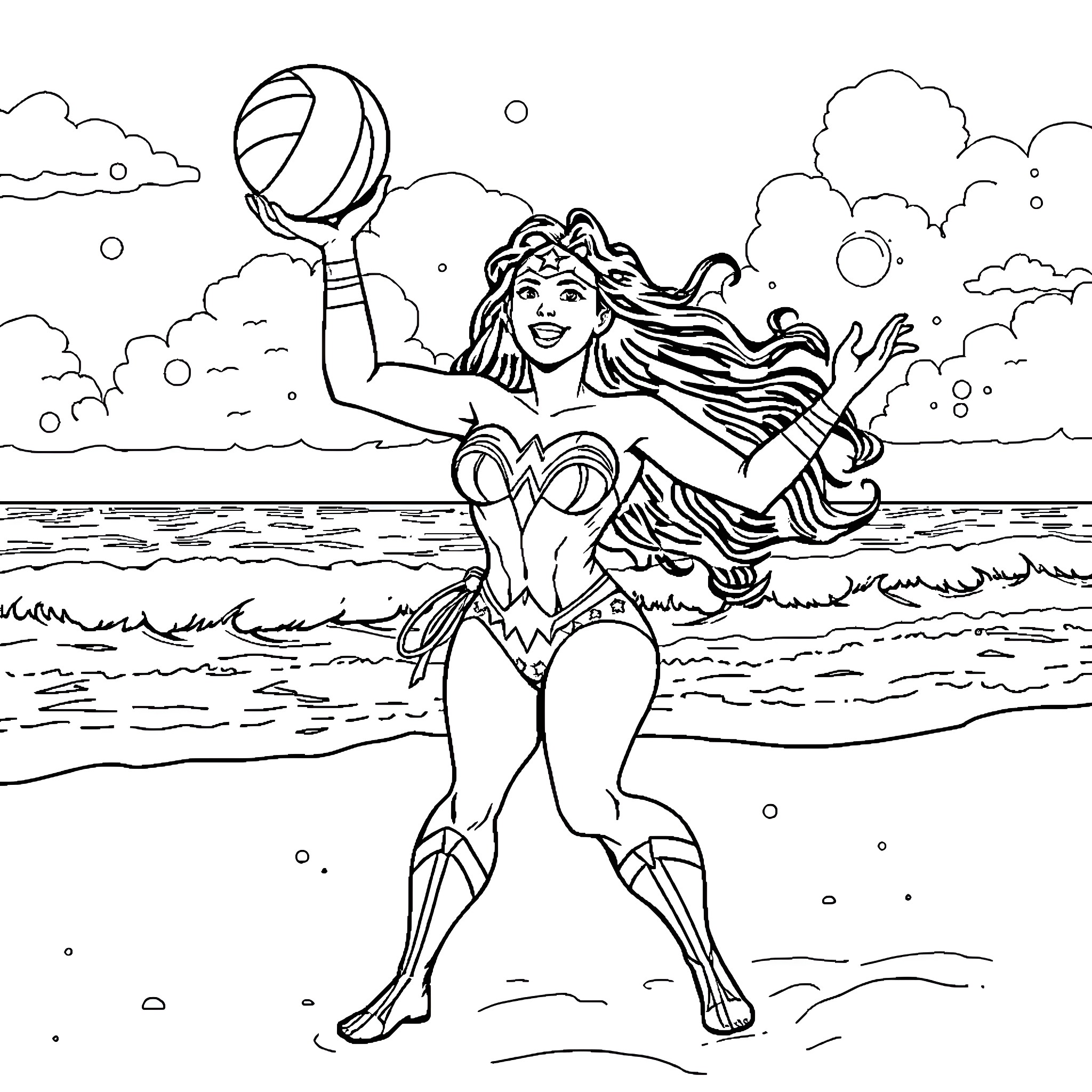 Wonder Woman playing volleyball on the beach Coloring Page (free black-and-white line drawing printable PDF for all, from beginners to advanced learners, including children, teens, adults, and seniors)