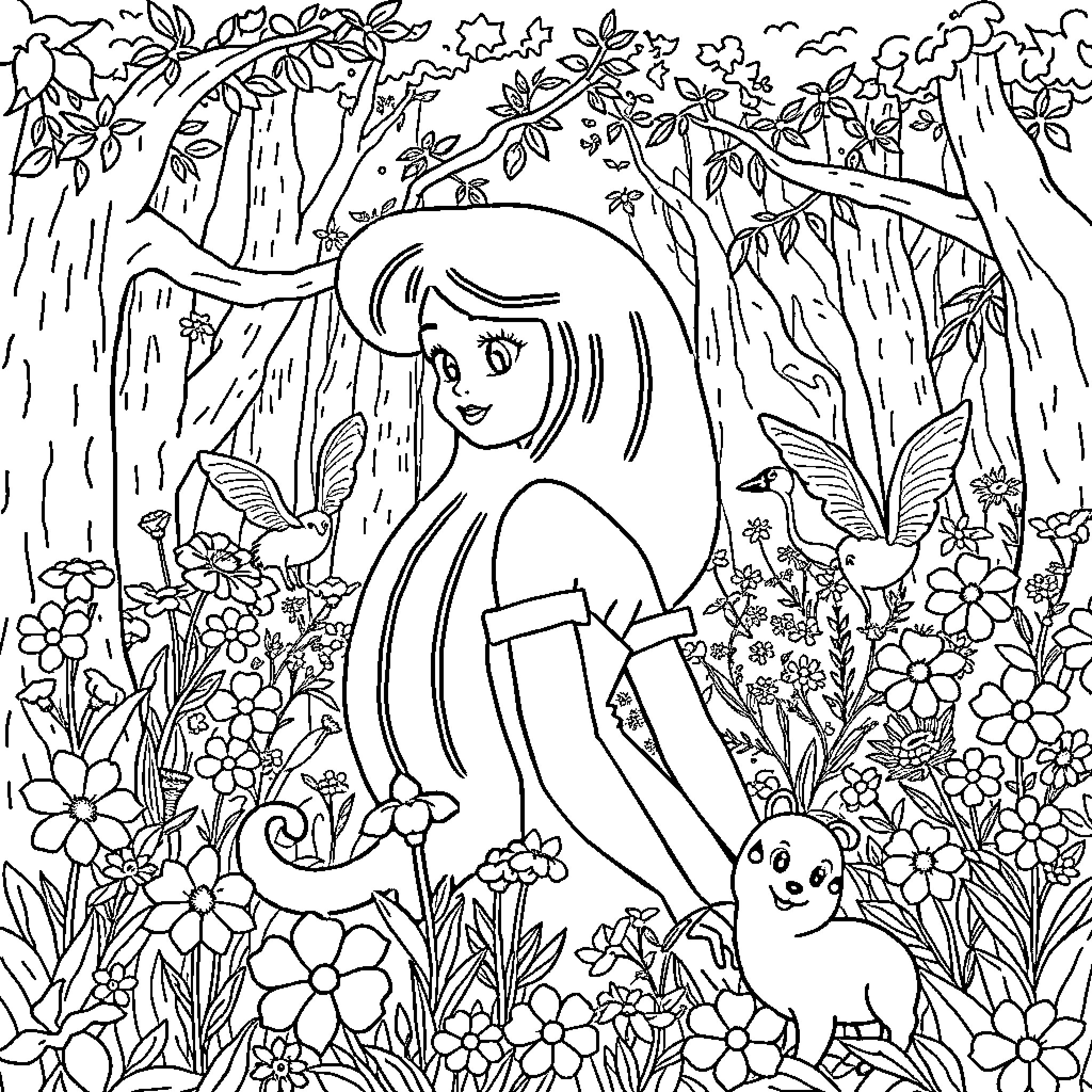 Snow White in the Enchanted Forest with Woodland Creatures Coloring Page (free black-and-white line drawing printable PDF for all, from beginners to advanced learners, including children, teens, adults, and seniors)