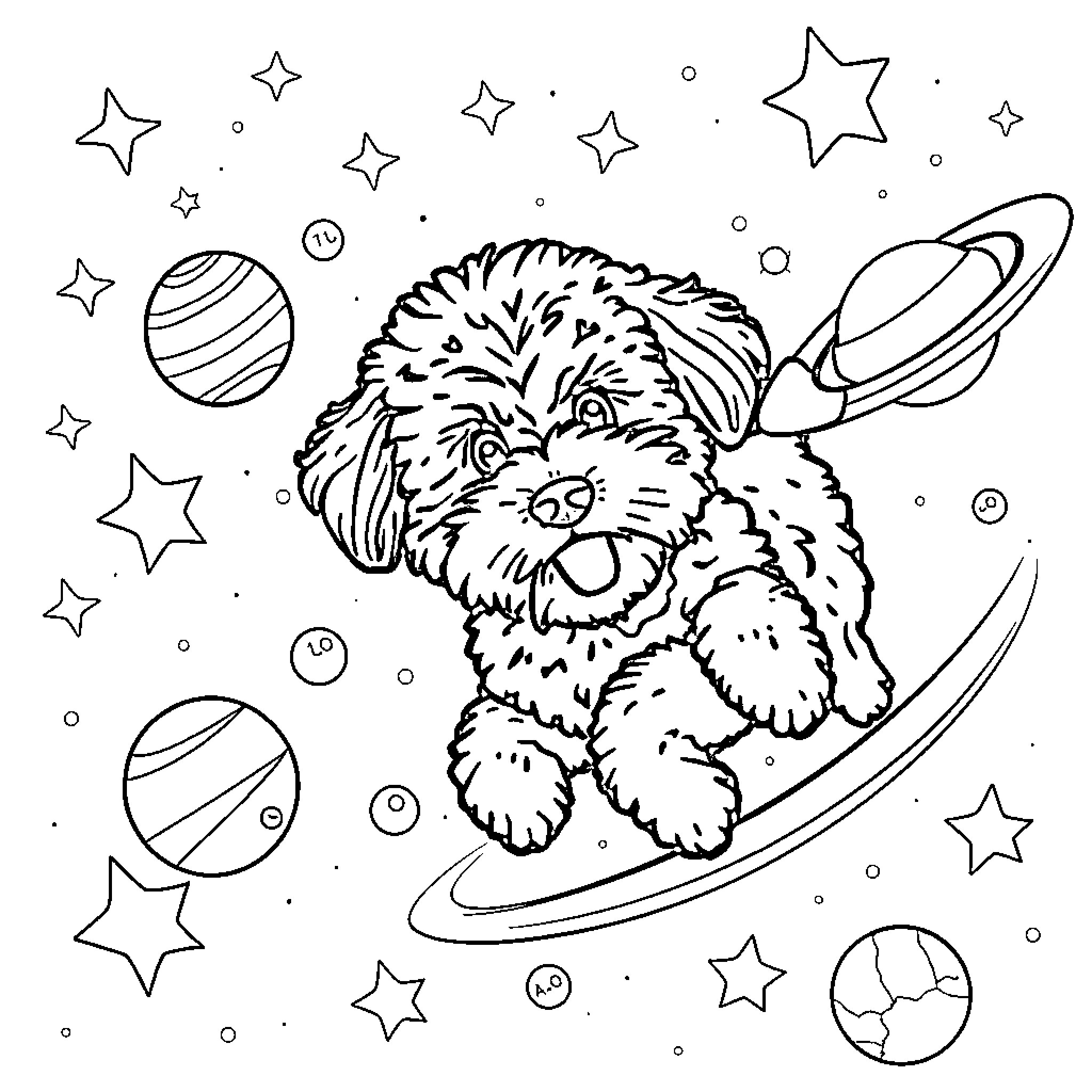 Cavoodle exploring the cosmic playground Coloring Page (free black-and-white line drawing printable PDF for all, from beginners to advanced learners, including children, teens, adults, and seniors)