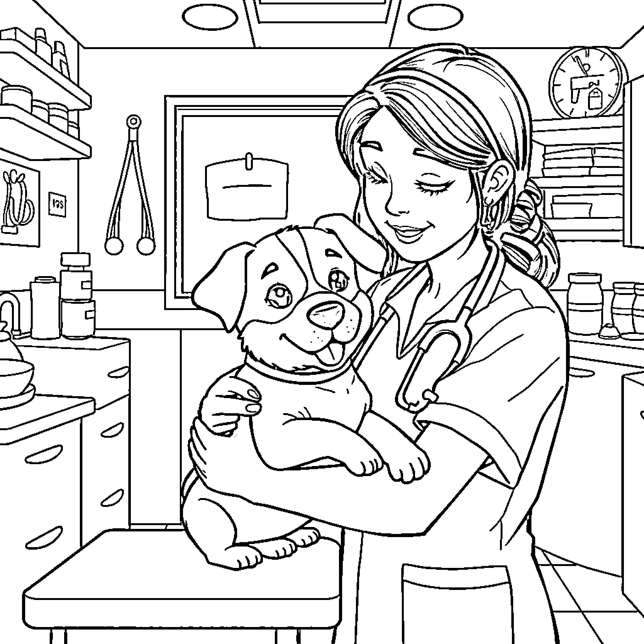 Dog visiting veterinarian in medical office Coloring Page (free black-and-white line drawing printable PDF for all, from beginners to advanced learners, including children, teens, adults, and seniors)