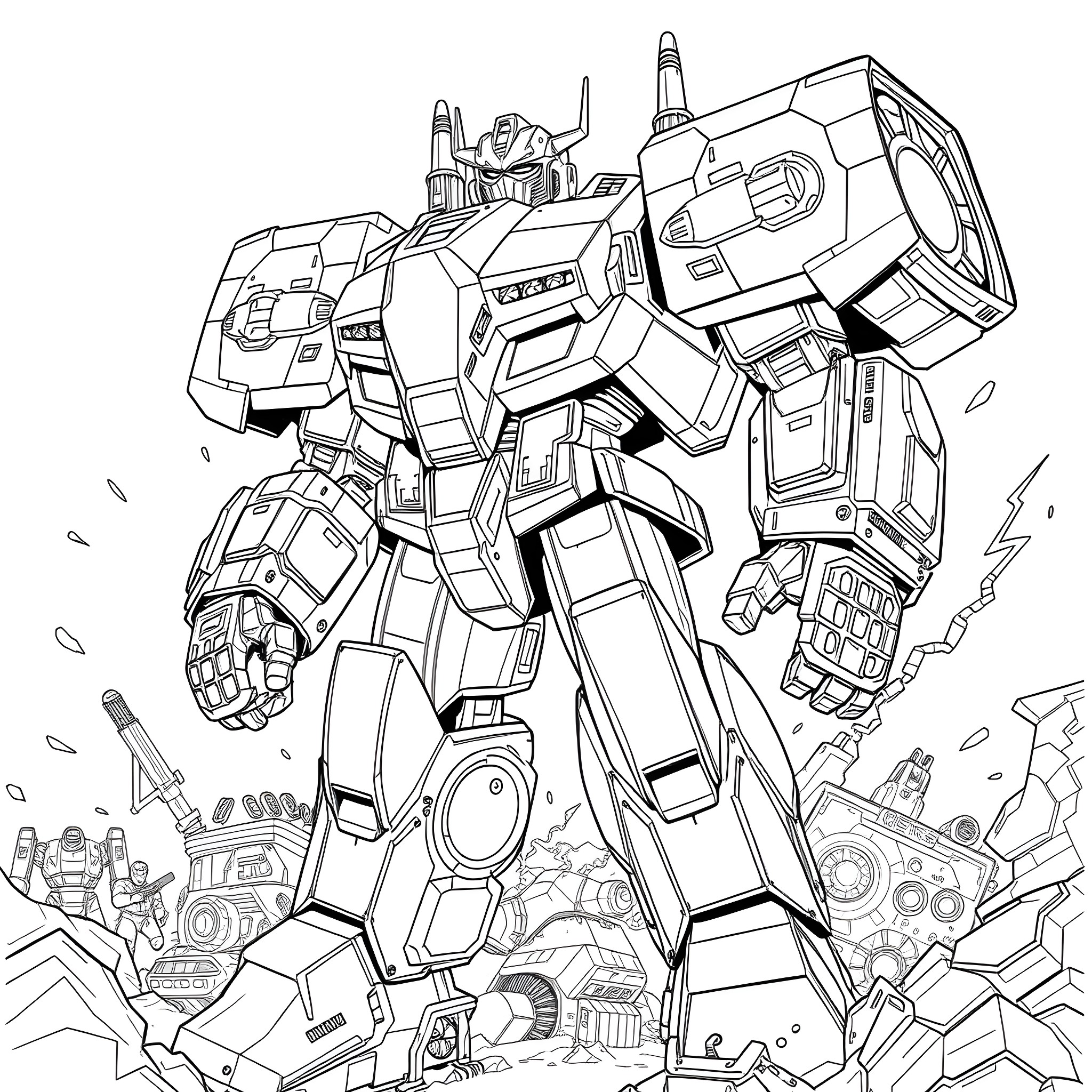 Justice Buster: Heroic Mecha in Fierce Combat Coloring Page (free black-and-white line drawing printable PDF for all, from beginners to advanced learners, including children, teens, adults, and seniors)