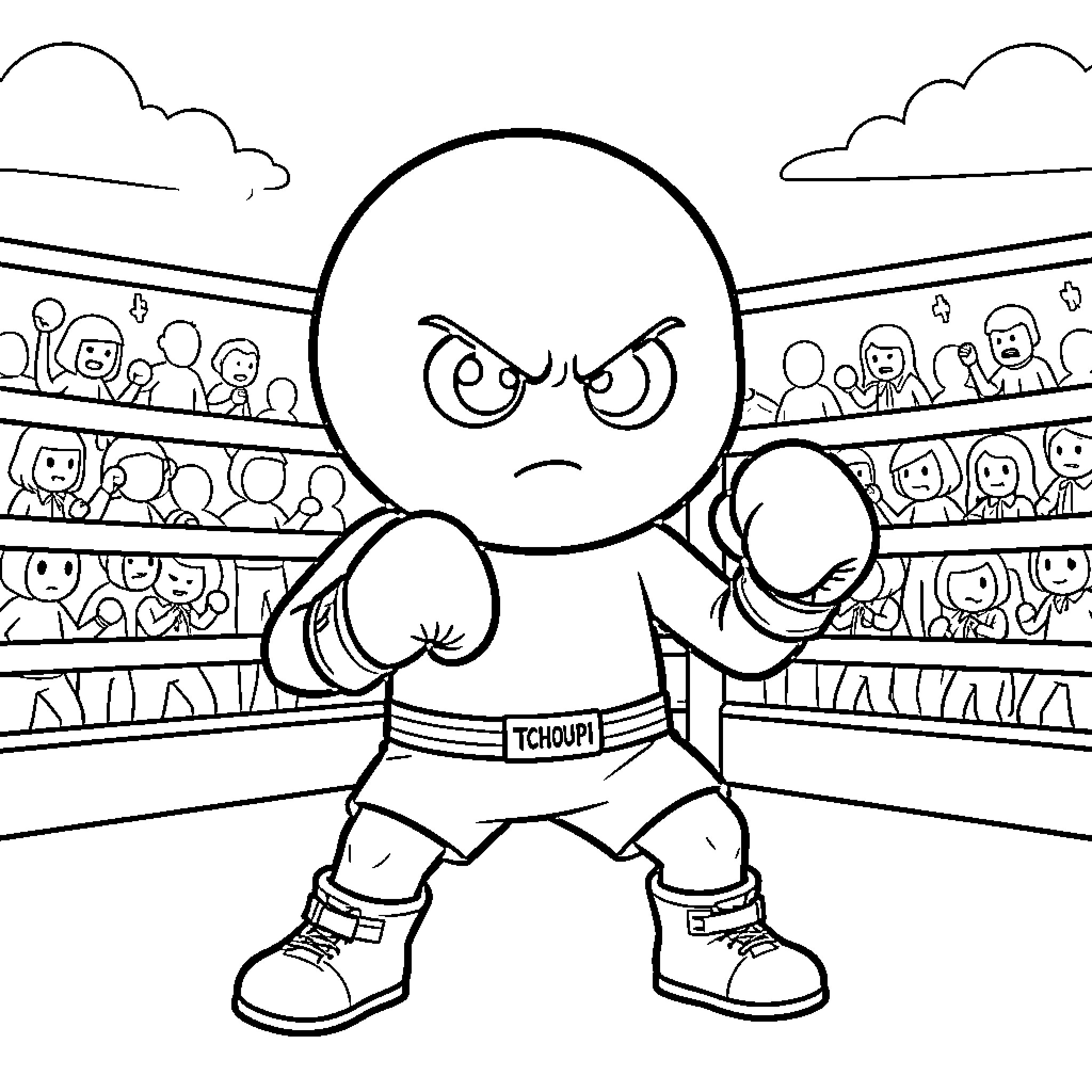 Tchoupi posing intensely in a boxing ring Coloring Page (free black-and-white line drawing printable PDF for all, from beginners to advanced learners, including children, teens, adults, and seniors)