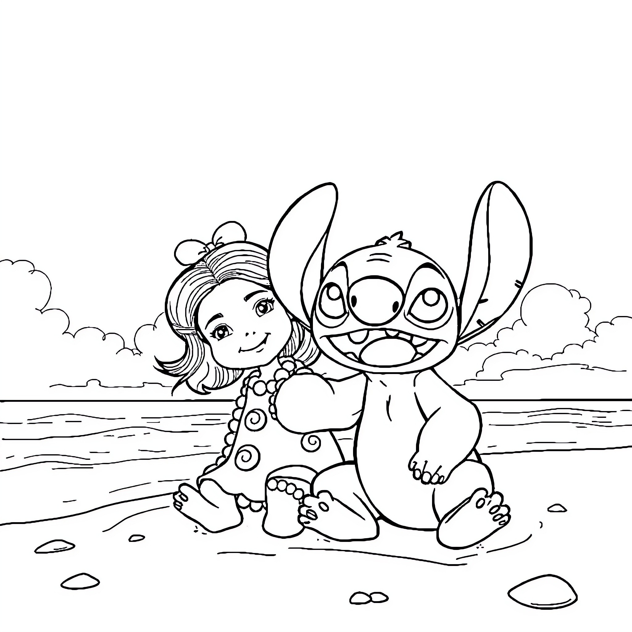 Lilo and Stitch playing together on the beach Coloring Page (free black-and-white line drawing printable PDF for all, from beginners to advanced learners, including children, teens, adults, and seniors)