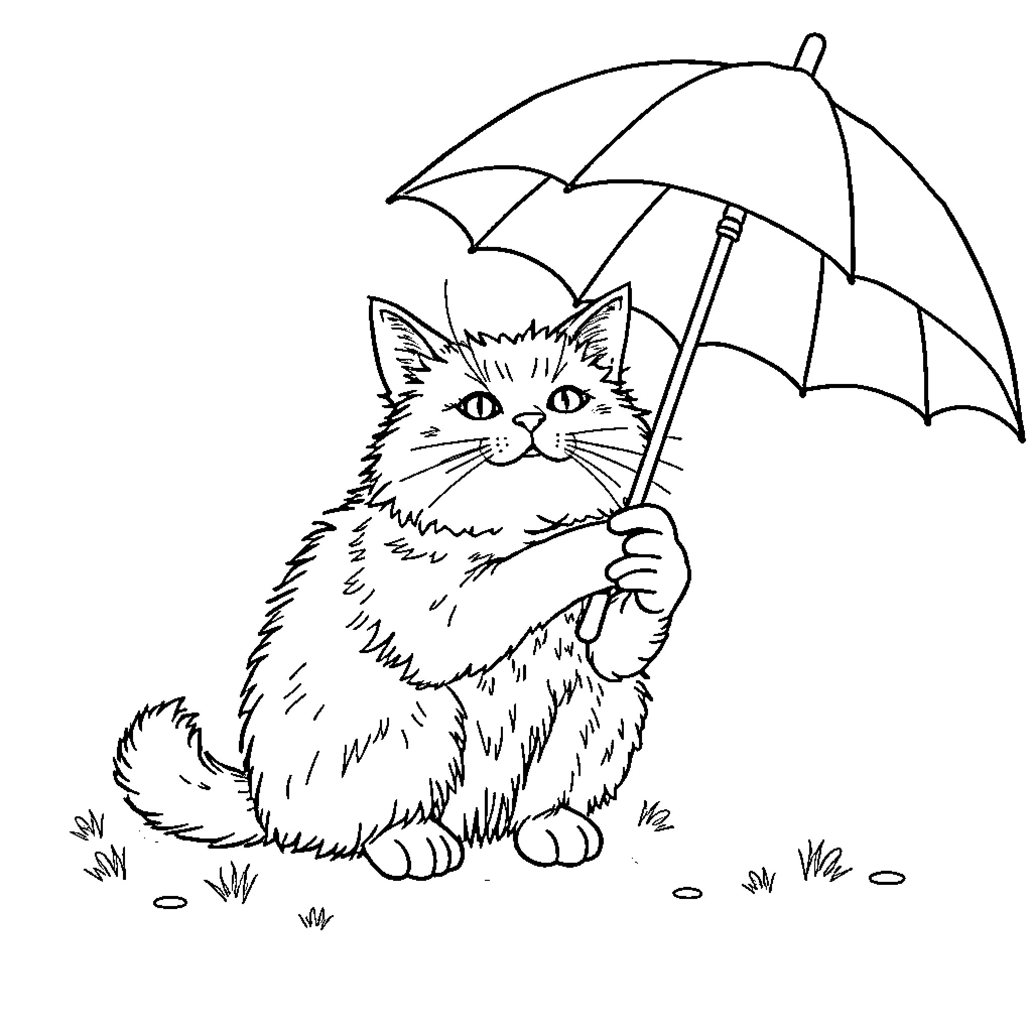Cat sheltering under rainy day umbrella Coloring Page (free black-and-white line drawing printable PDF for all, from beginners to advanced learners, including children, teens, adults, and seniors)