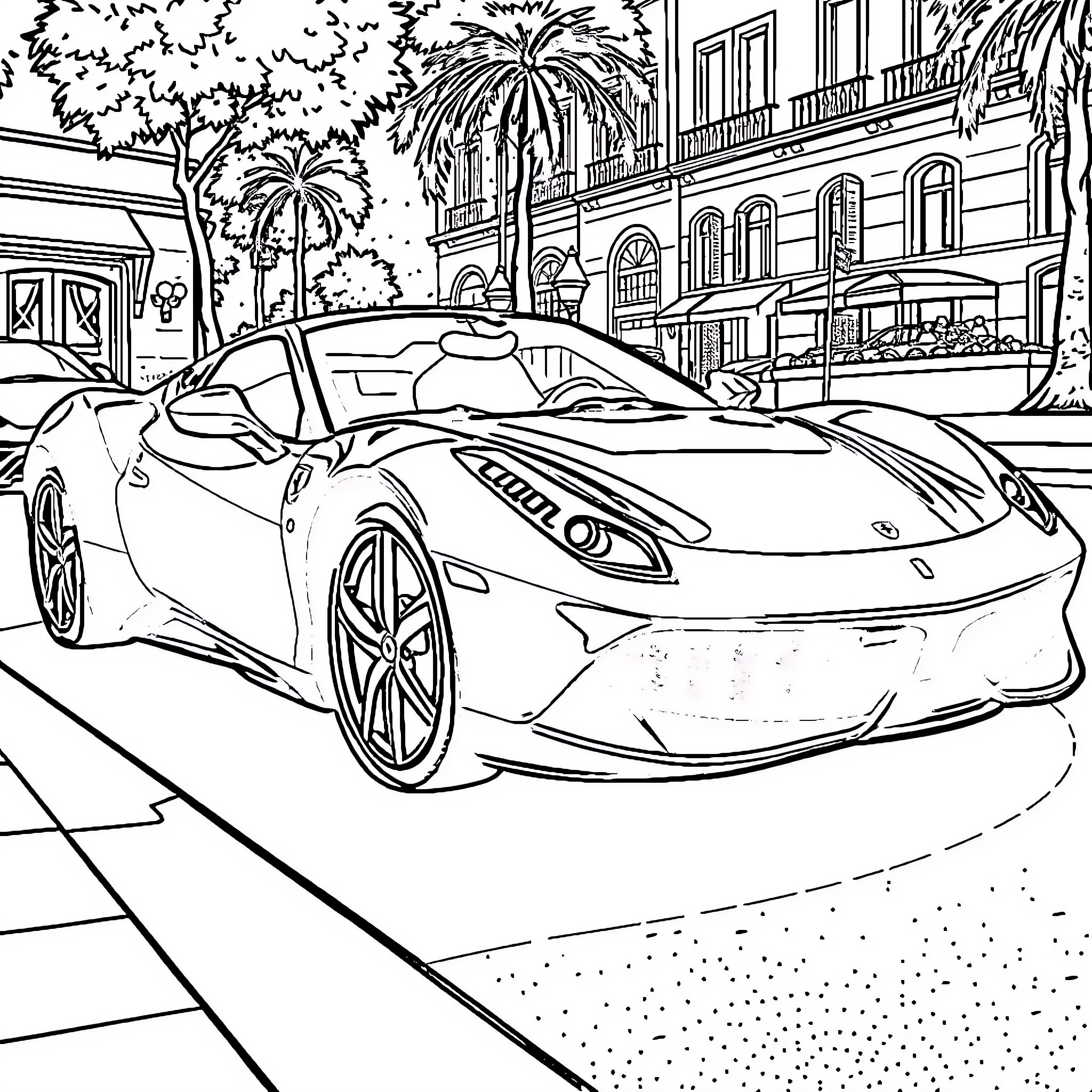 Ferrari sports car in a tropical city street Coloring Page (free black-and-white line drawing printable PDF for all, from beginners to advanced learners, including children, teens, adults, and seniors)