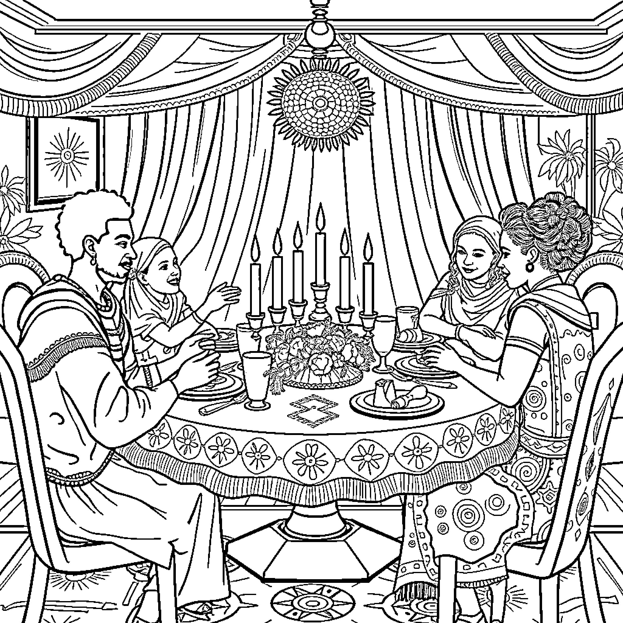 Kwanzaa Celebration with Family and Feast Coloring Page (free black-and-white line drawing printable PDF for all, from beginners to advanced learners, including children, teens, adults, and seniors)
